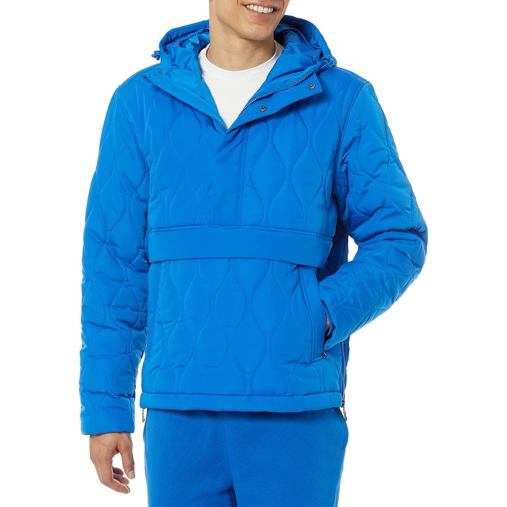 image:imageAmazon Essentials Mens Anorak Hooded QuarterZip Puffer CoatBright Blue