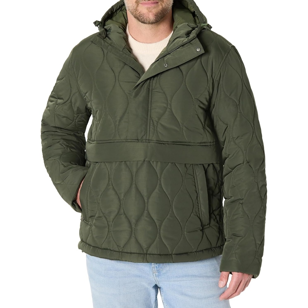 image:imageAmazon Essentials Mens Anorak Hooded QuarterZip Puffer CoatDark Olive