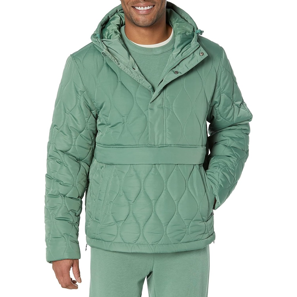 image:imageAmazon Essentials Mens Anorak Hooded QuarterZip Puffer CoatSage Green