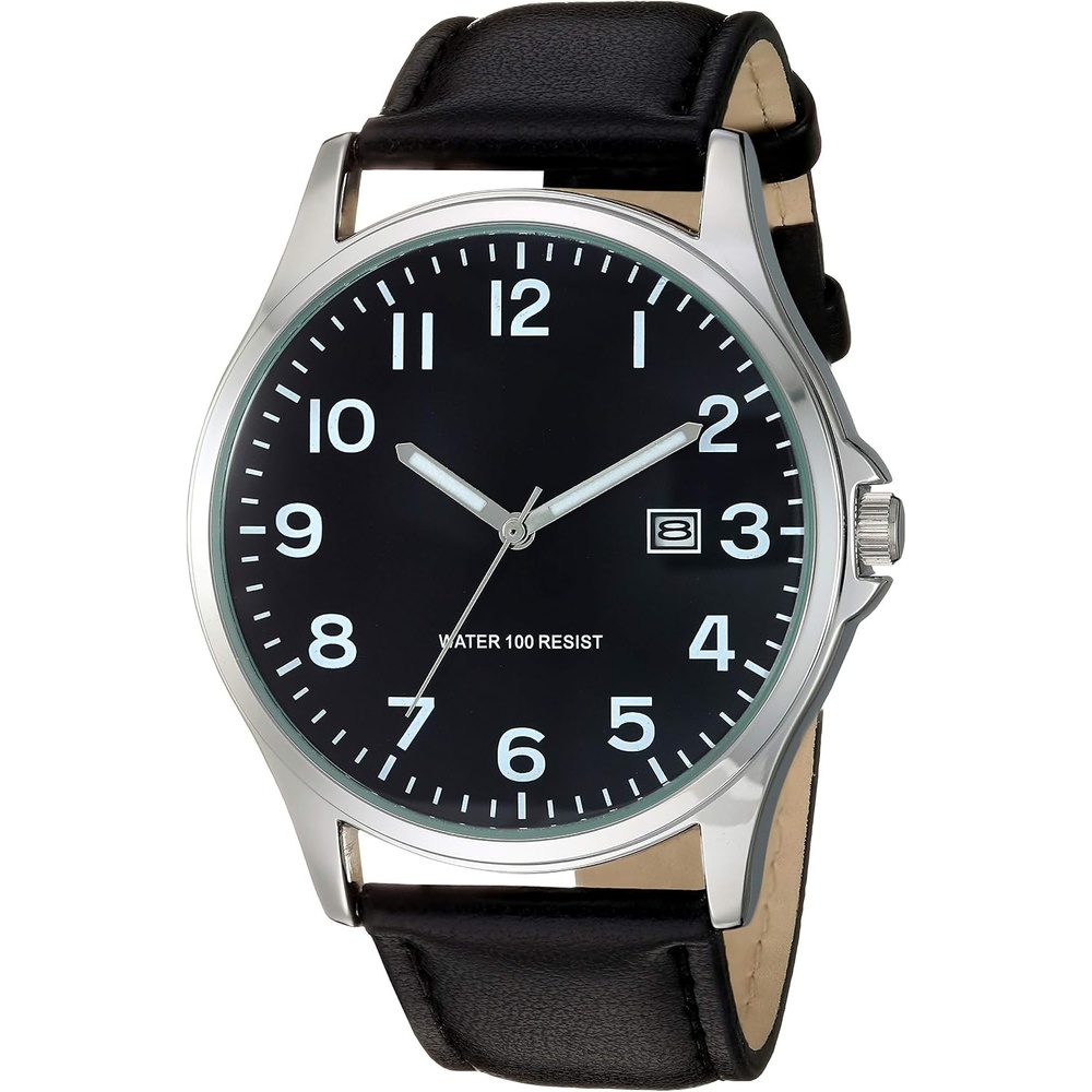 image:imageAmazon Essentials Mens Easy to Read 42mm Leather Band Analog WatchBlackSilver