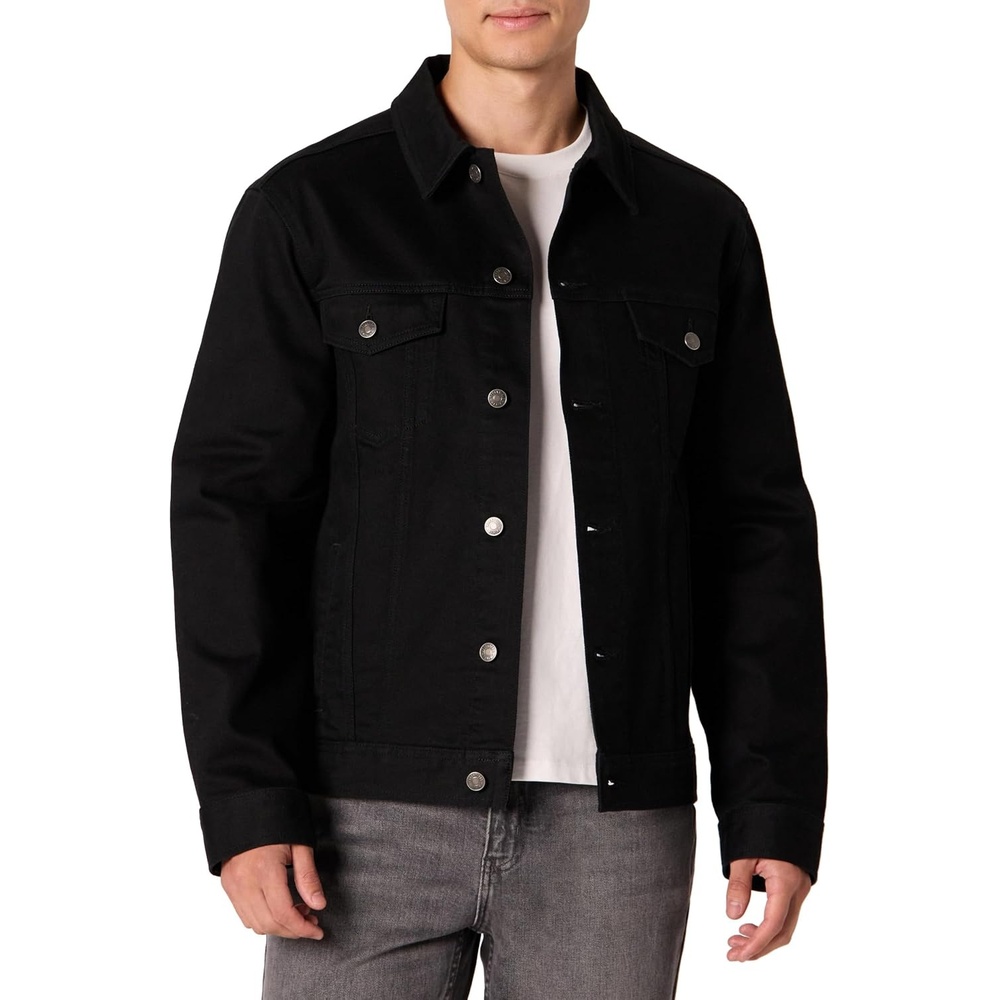 image:imageAmazon Essentials Mens Heavyweight Low Stretch RegularFit Denim Jacket Chest Patch PocketsBlack