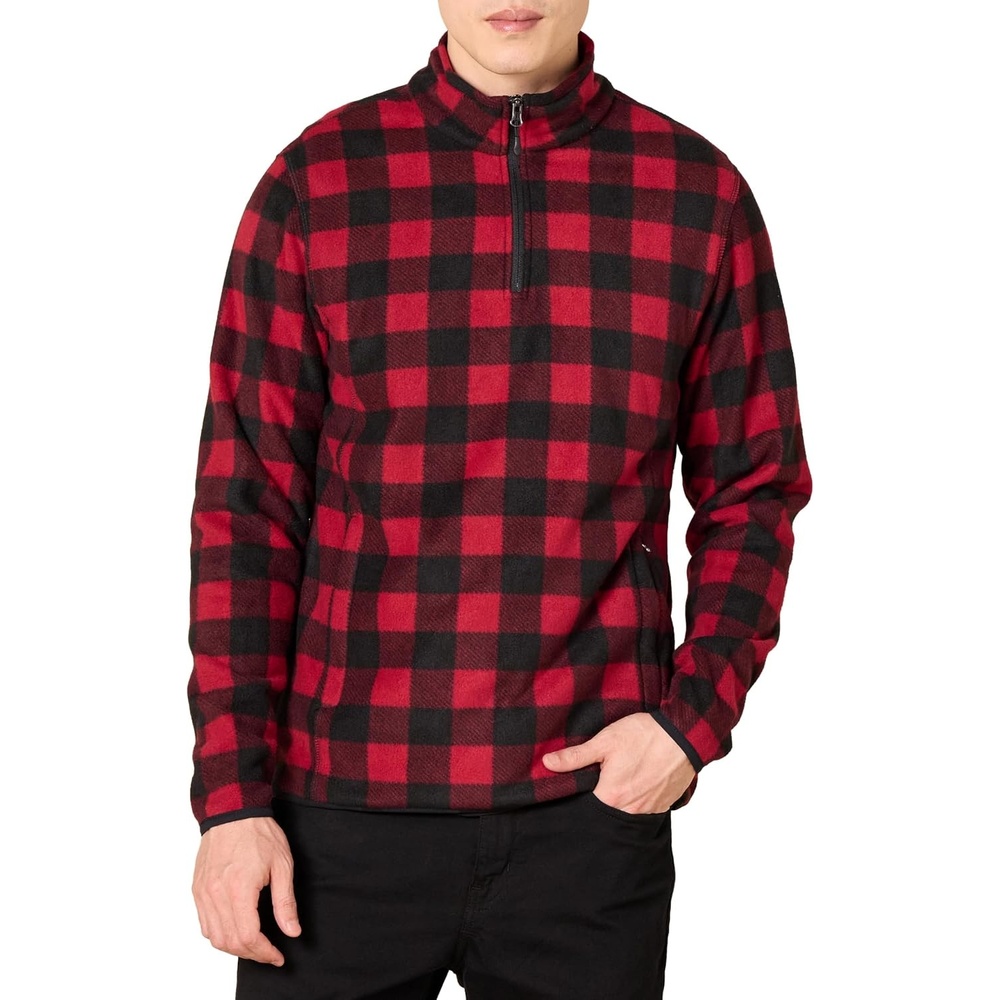 image:imageAmazon Essentials Mens Insulated Fleece Jacket QuarterZip Pullover for Cold WeatherBlack Red Buffalo Check