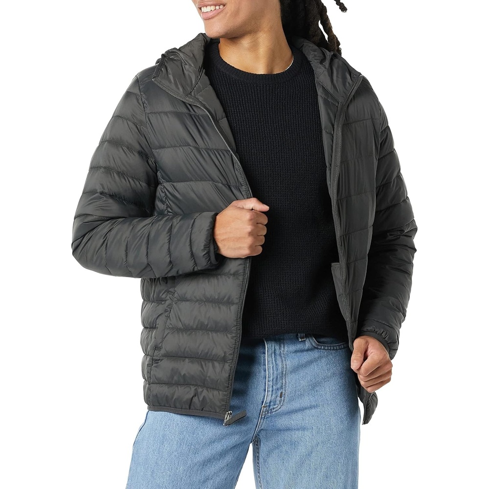 image:imageAmazon Essentials Mens Lightweight WaterResistant Packable Hooded Puffer JacketDark Grey