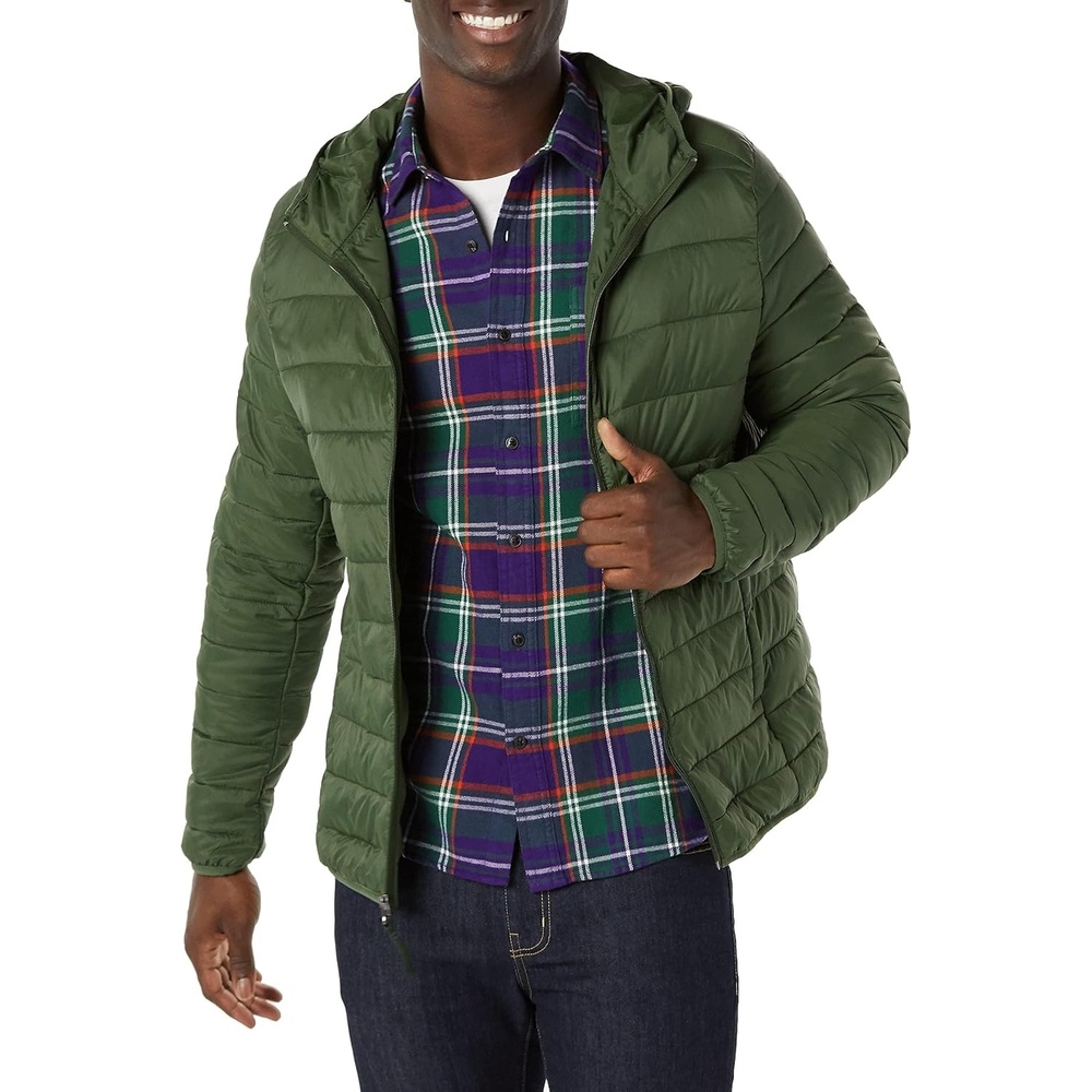 image:imageAmazon Essentials Mens Lightweight WaterResistant Packable Hooded Puffer JacketDark Olive