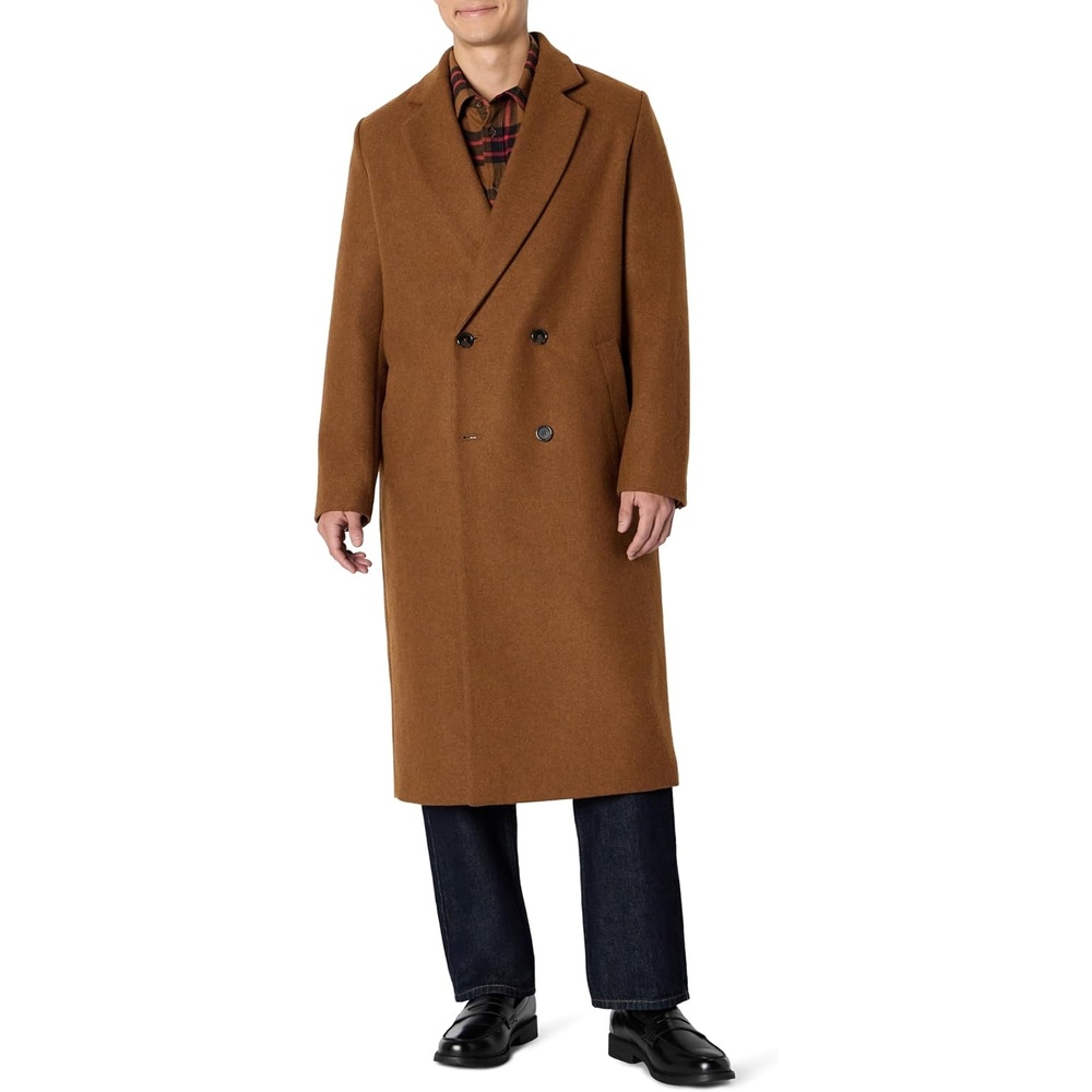 image:imageAmazon Essentials Mens RelaxedFit Double Breasted Wool Blend Longline Topcoat with Classic LapelCaramel Heather
