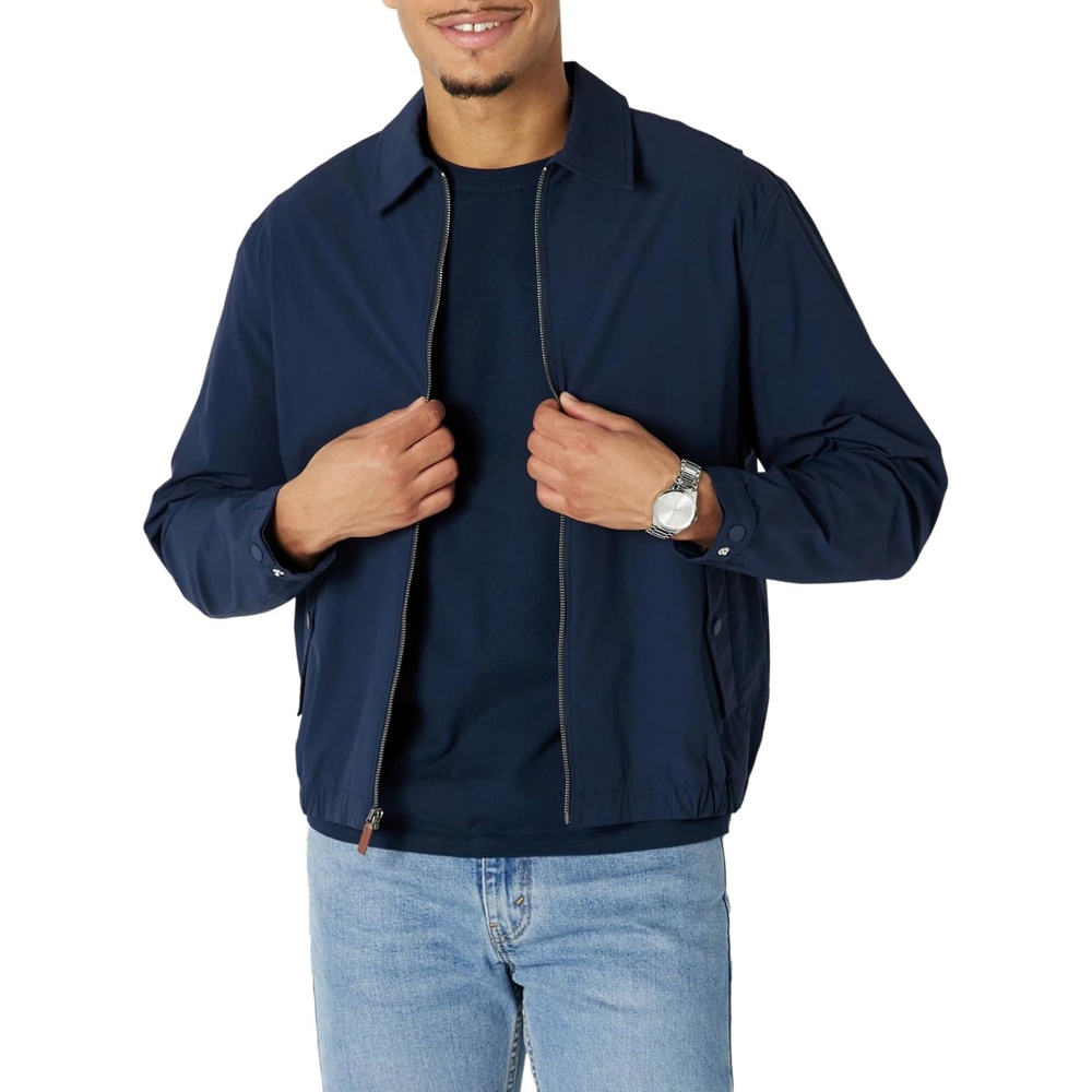 image:imageAmazon Essentials Mens RelaxedFit Lightweight Stretch ZipUp Bomber JacketNavy