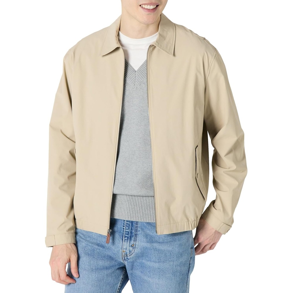 image:imageAmazon Essentials Mens RelaxedFit Lightweight Stretch ZipUp Bomber JacketTaupe