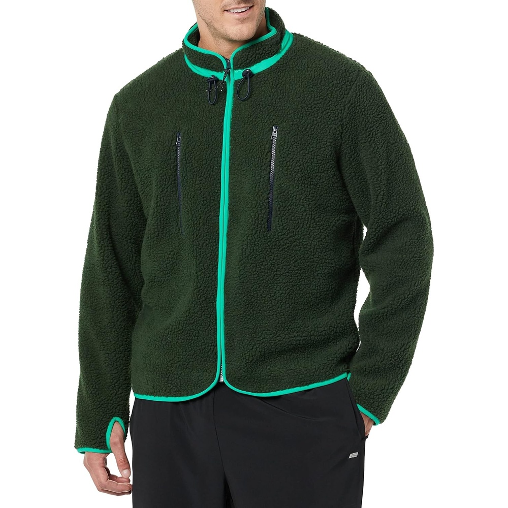 image:imageAmazon Essentials Mens Teddy Fleece FullZip Mock Neck Jacket with Chest PocketsDark Green