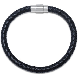 Amazon Essentials Men’s Leather Sterling Silver Bracelet(Black)