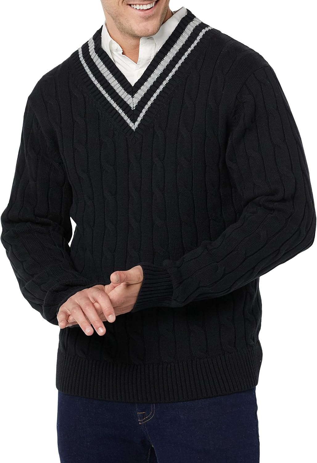 image:imageAmazon Essentials Mens Cable Knit VNeck SweaterBlack