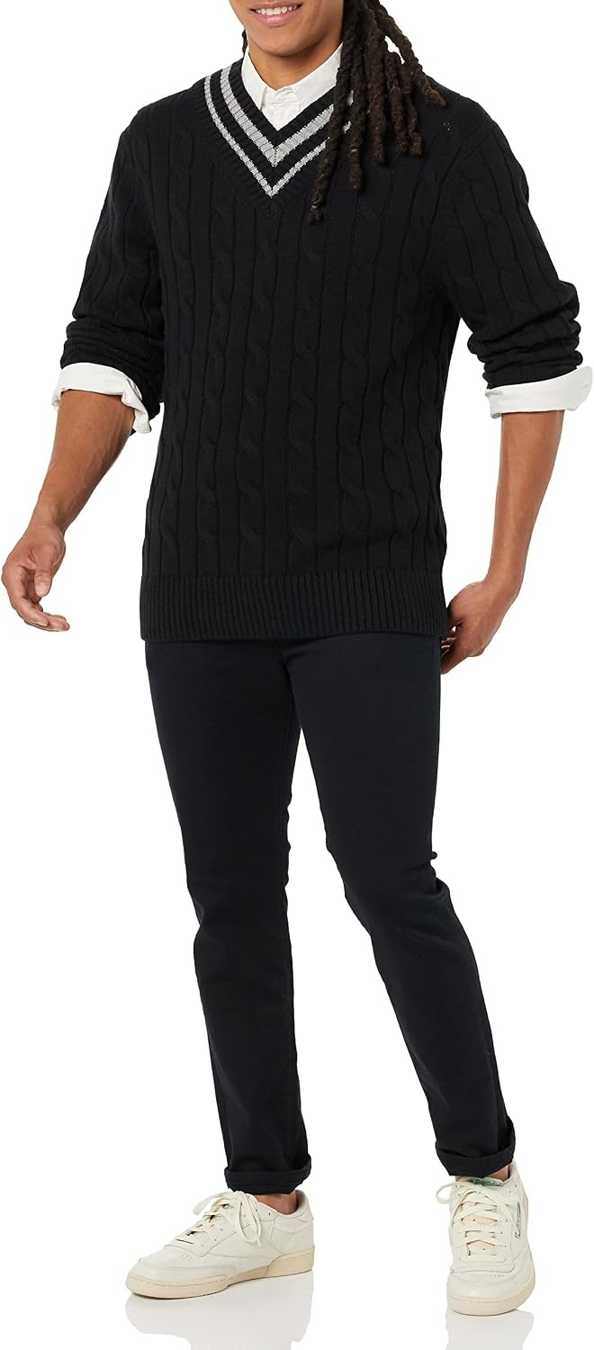 image:imageAmazon Essentials Mens Cable Knit VNeck SweaterBlack
