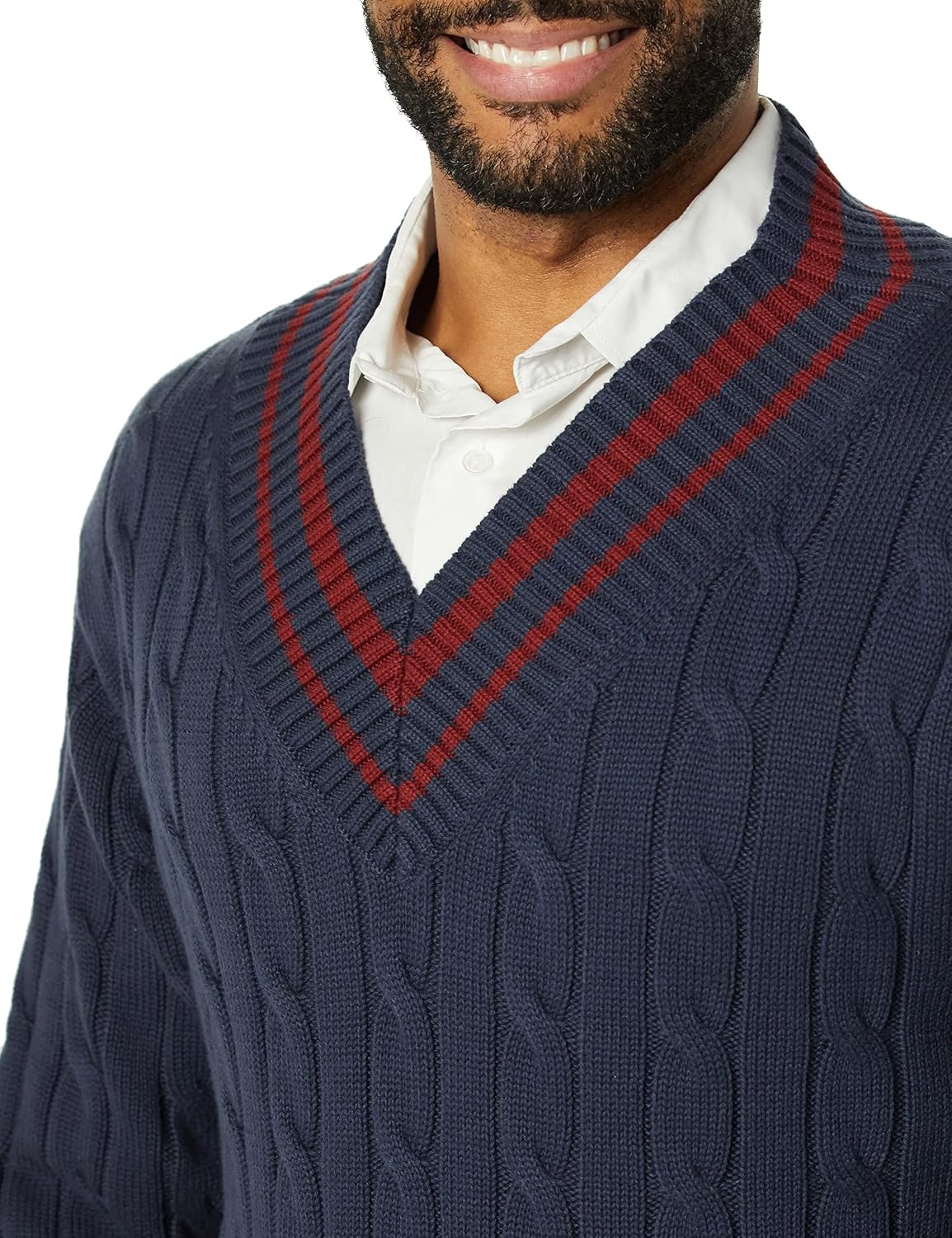 image:imageAmazon Essentials Mens Cable Knit VNeck SweaterDark Navy