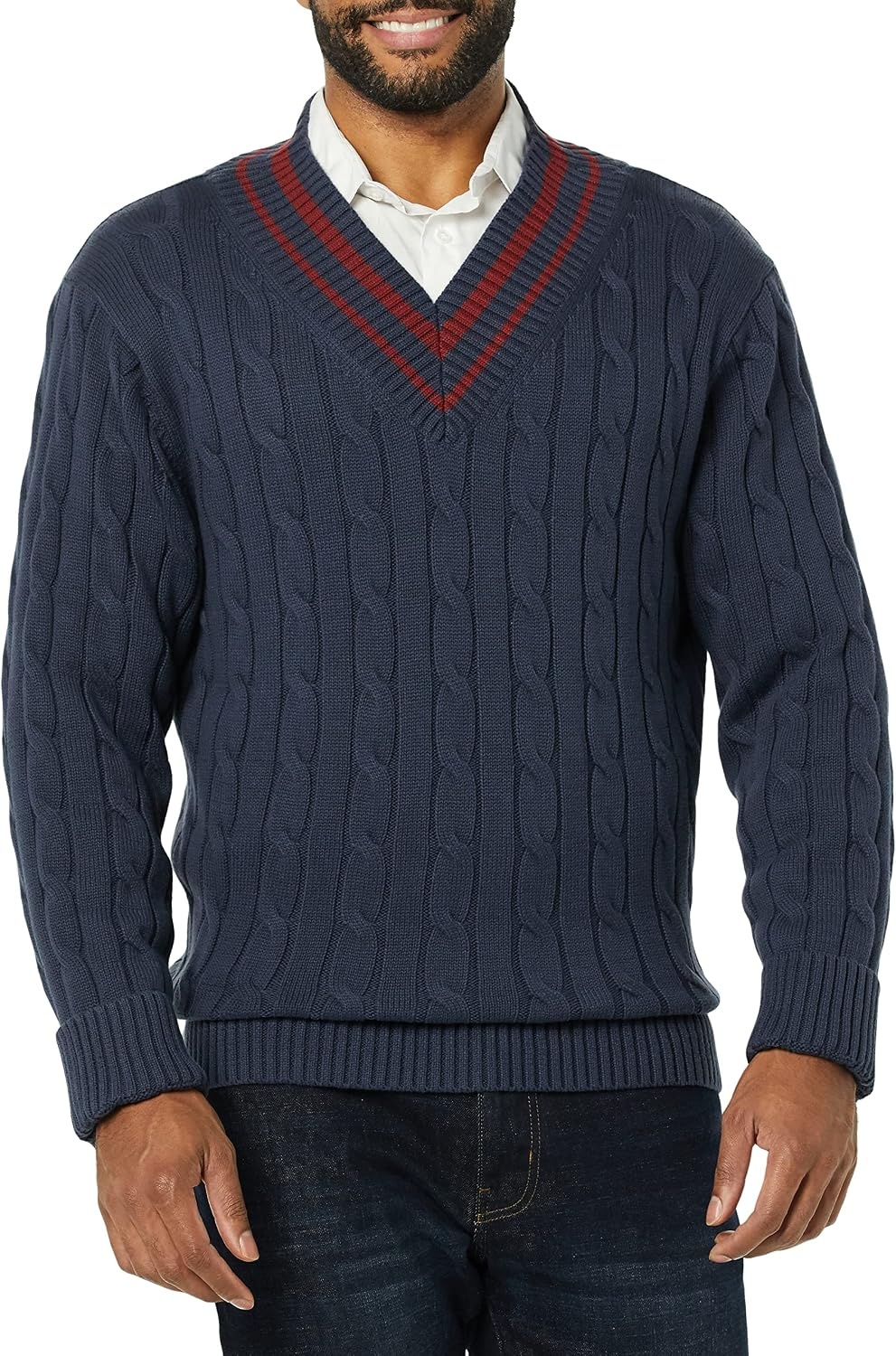 image:imageAmazon Essentials Mens Cable Knit VNeck SweaterDark Navy
