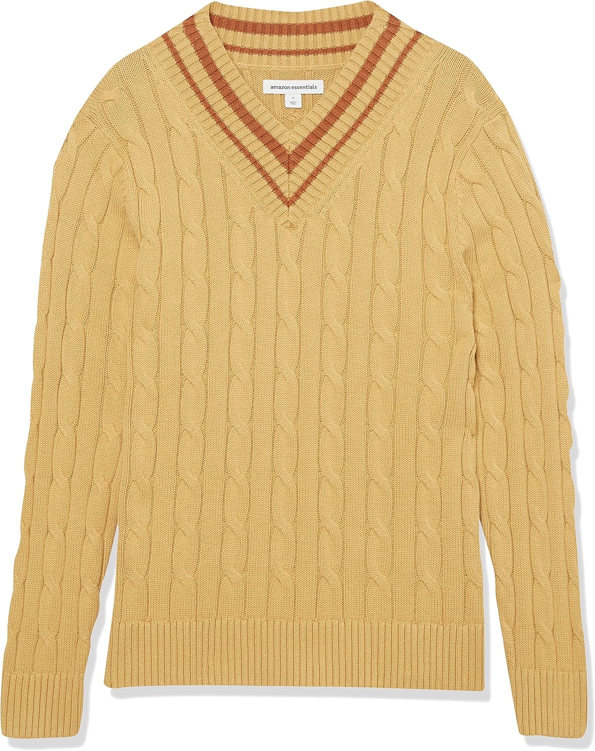 image:imageAmazon Essentials Mens Cable Knit VNeck SweaterTan