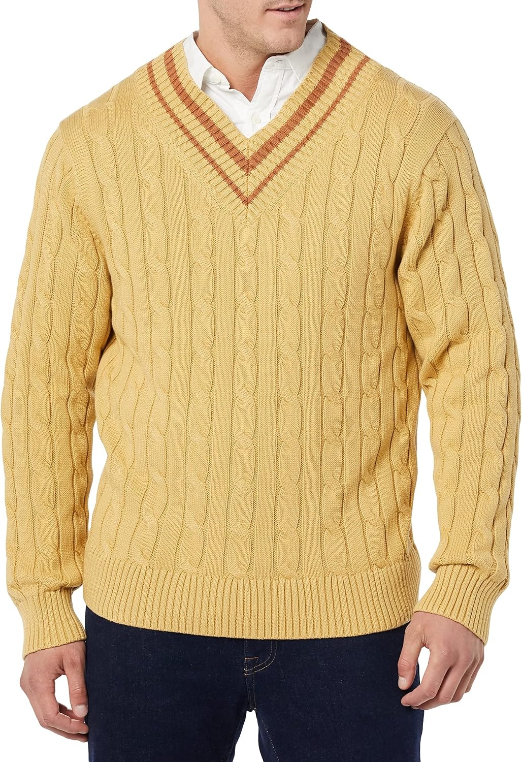 image:imageAmazon Essentials Mens Cable Knit VNeck SweaterTan