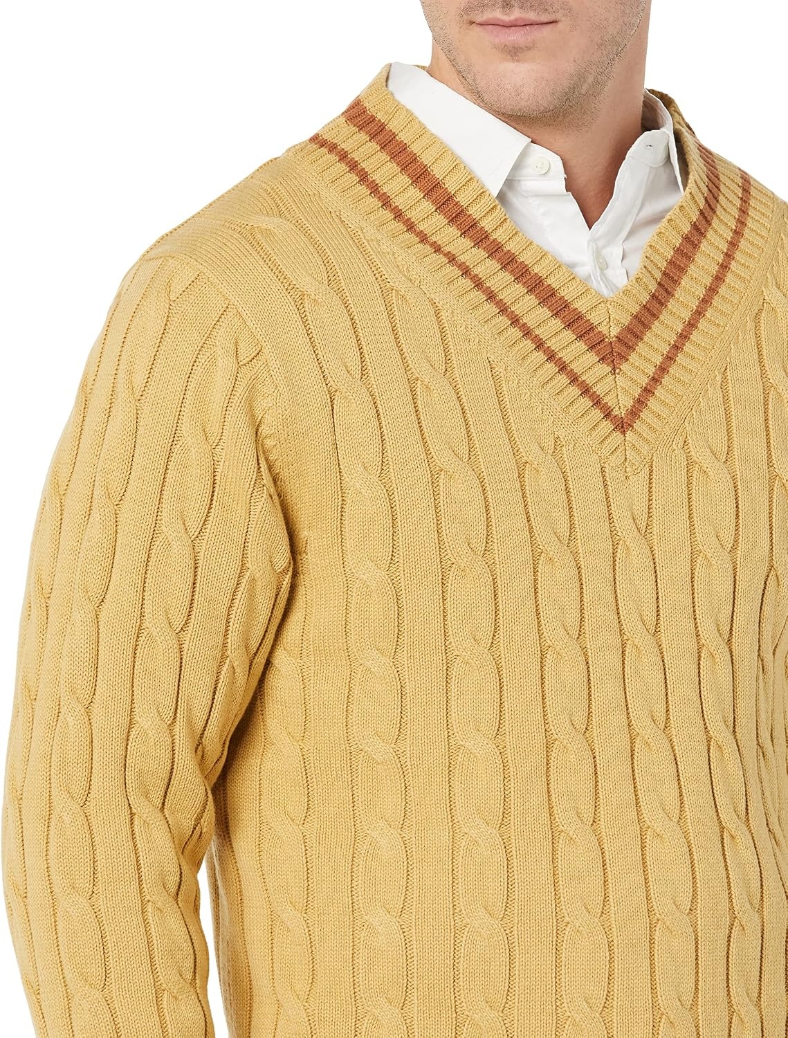 image:imageAmazon Essentials Mens Cable Knit VNeck SweaterTan