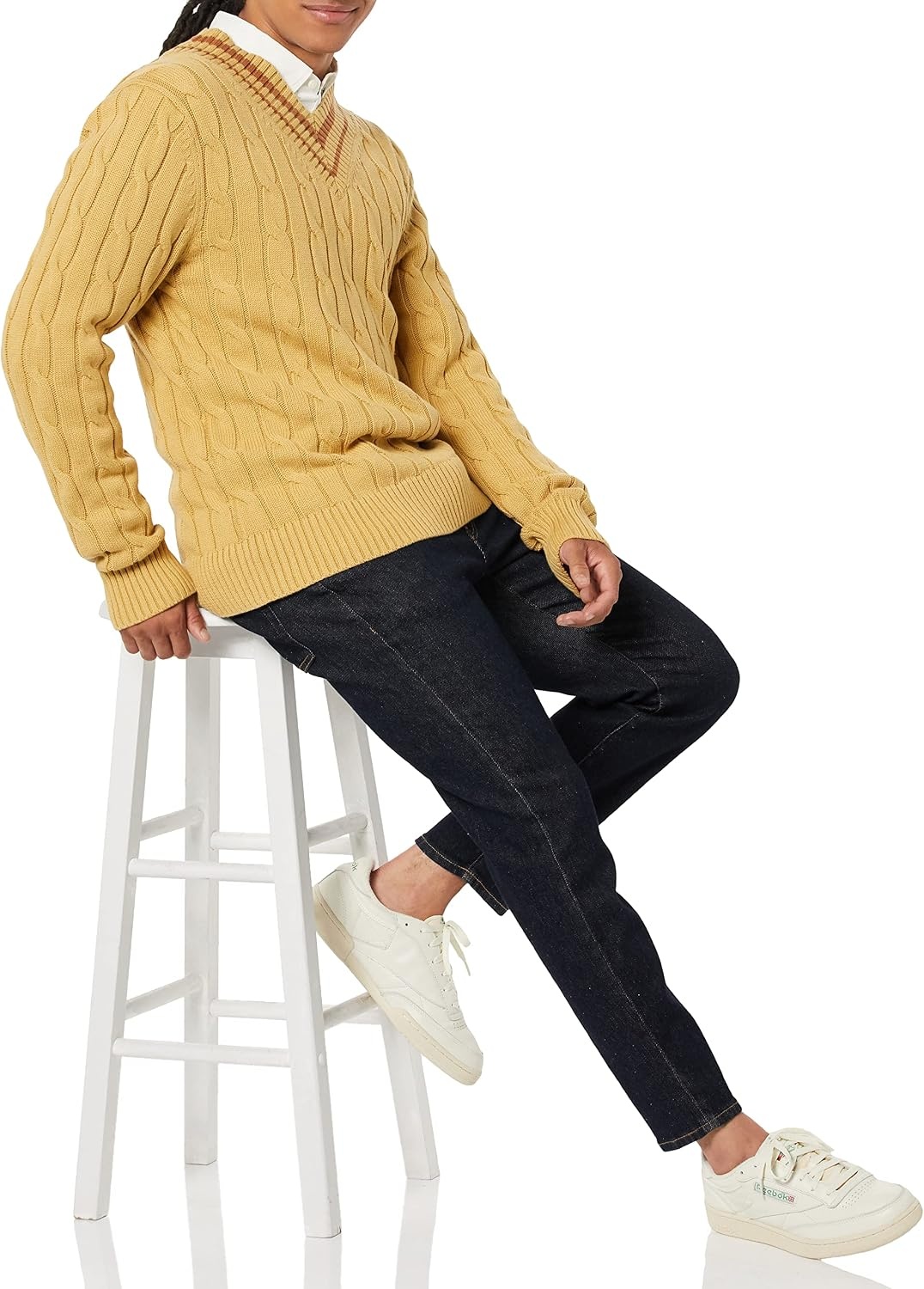 image:imageAmazon Essentials Mens Cable Knit VNeck SweaterTan