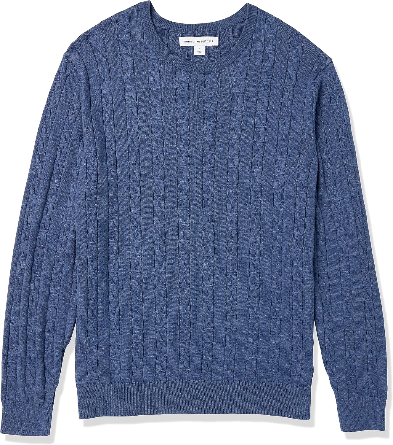 image:imageAmazon Essentials Mens Crewneck Cable Cotton Pullover SweaterBlue Heather