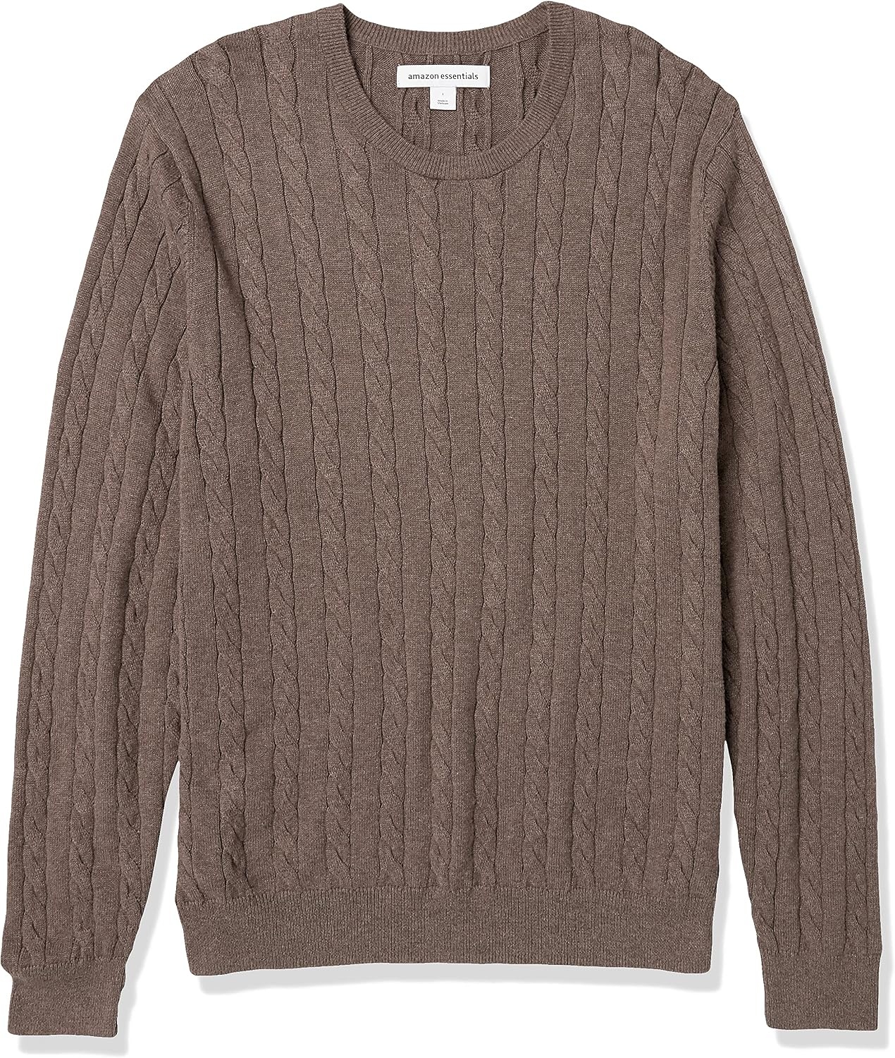 image:imageAmazon Essentials Mens Crewneck Cable Cotton Pullover SweaterBrown Heather