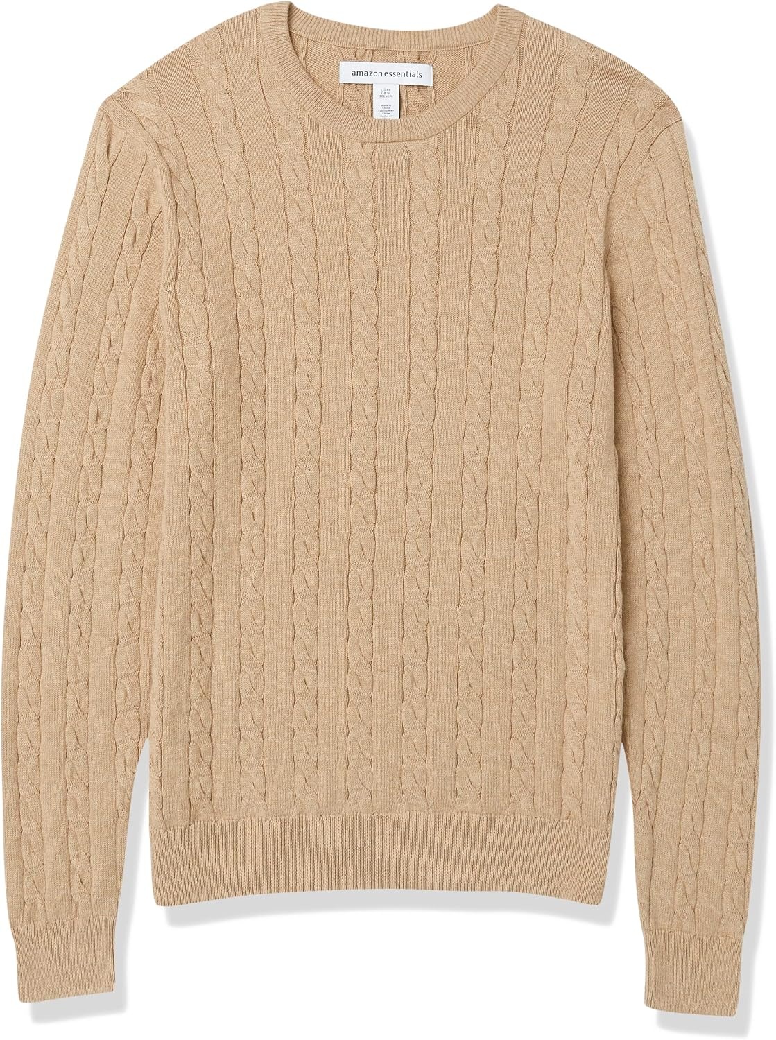 image:imageAmazon Essentials Mens Crewneck Cable Cotton Pullover SweaterCamel Heather