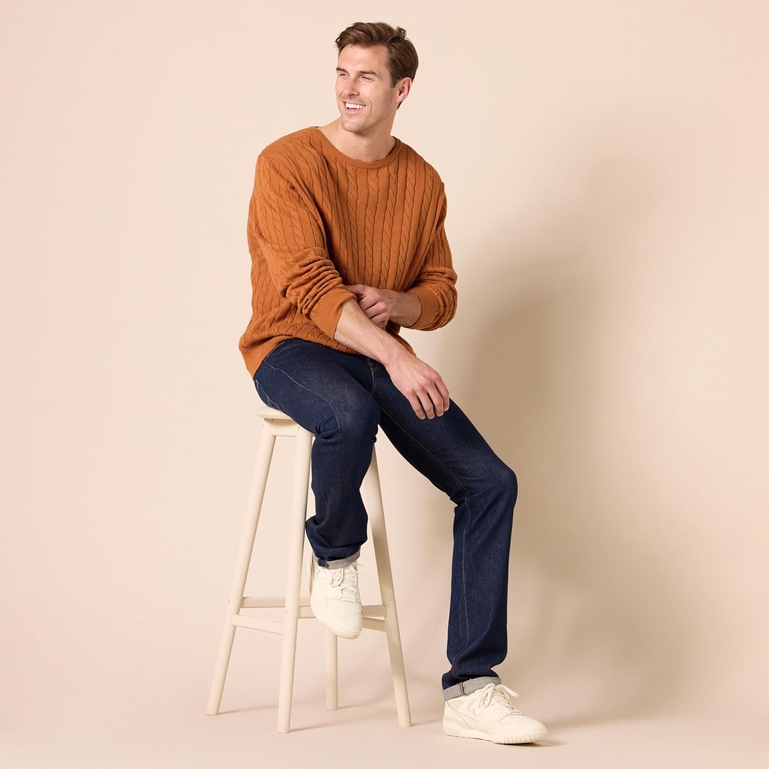 image:imageAmazon Essentials Mens Crewneck Cable Cotton Pullover SweaterRust