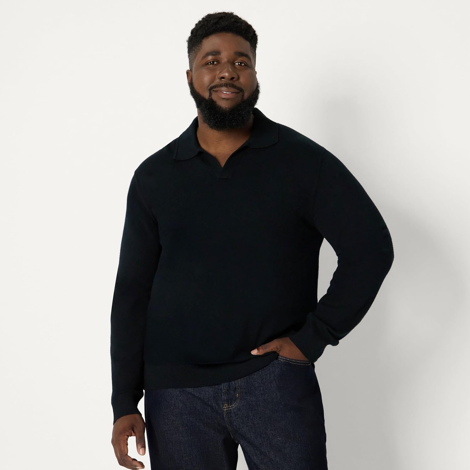image:imageAmazon Essentials Mens Long Sleeve RegularFit Knit Polo SweaterBlack