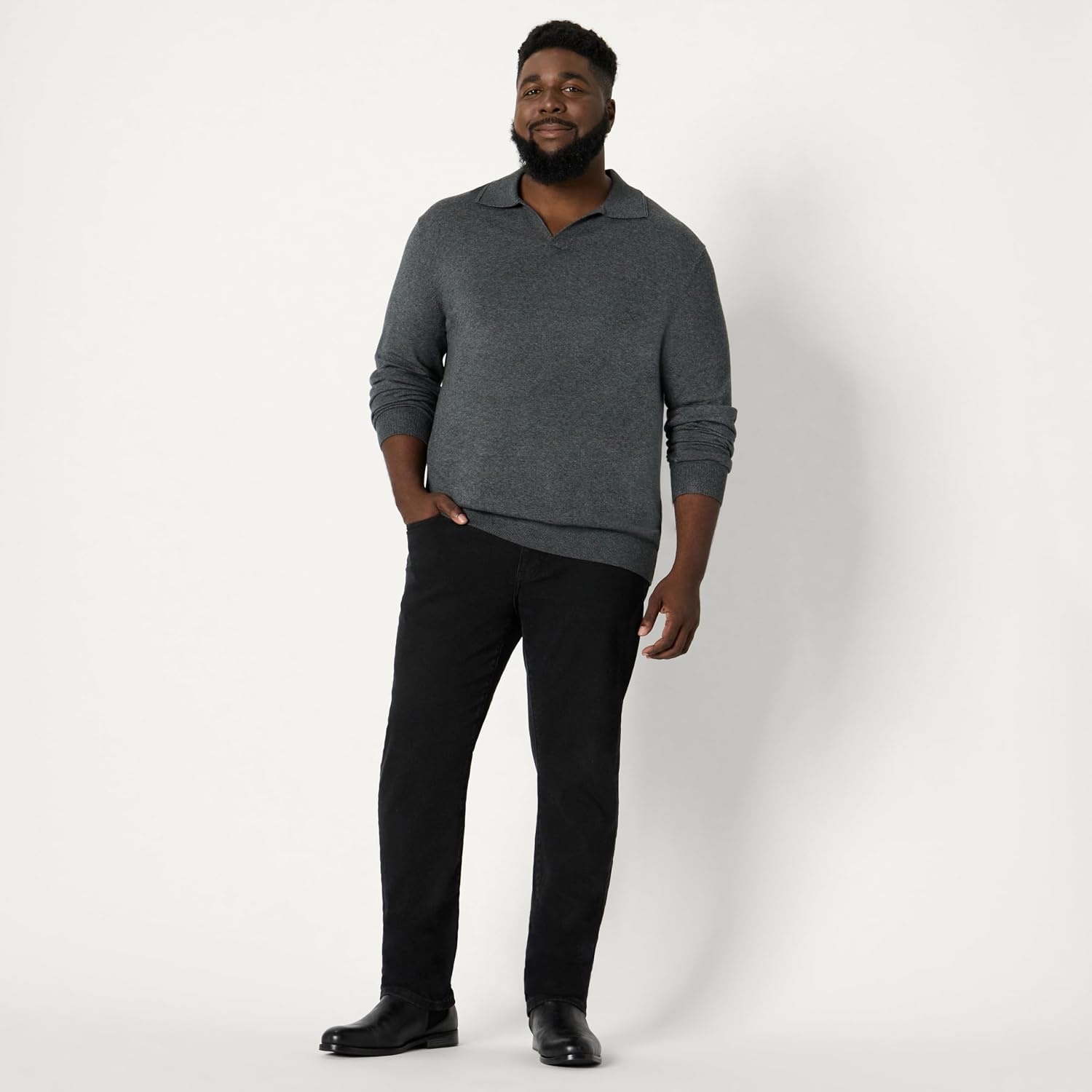 image:imageAmazon Essentials Mens Long Sleeve RegularFit Knit Polo SweaterCharcoal Heather