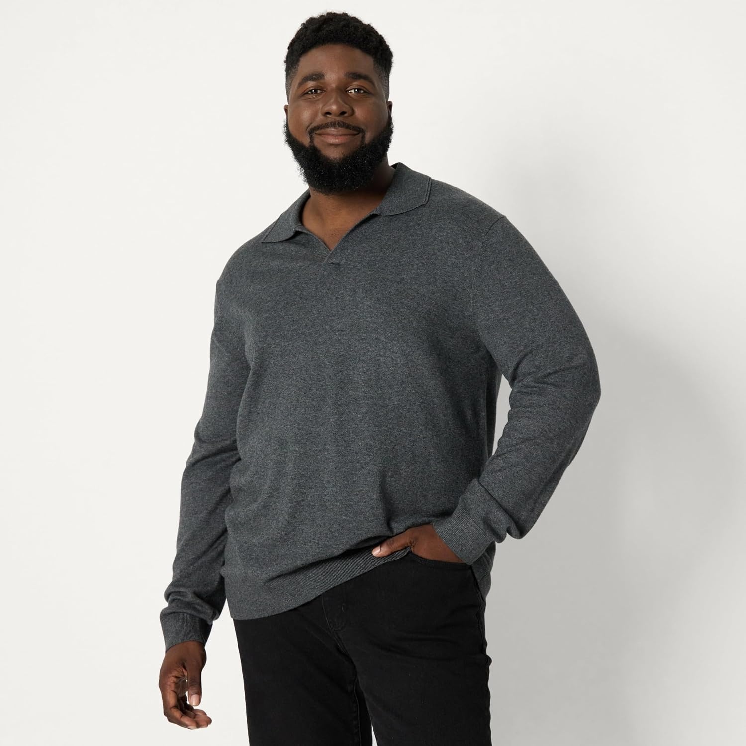 image:imageAmazon Essentials Mens Long Sleeve RegularFit Knit Polo SweaterCharcoal Heather