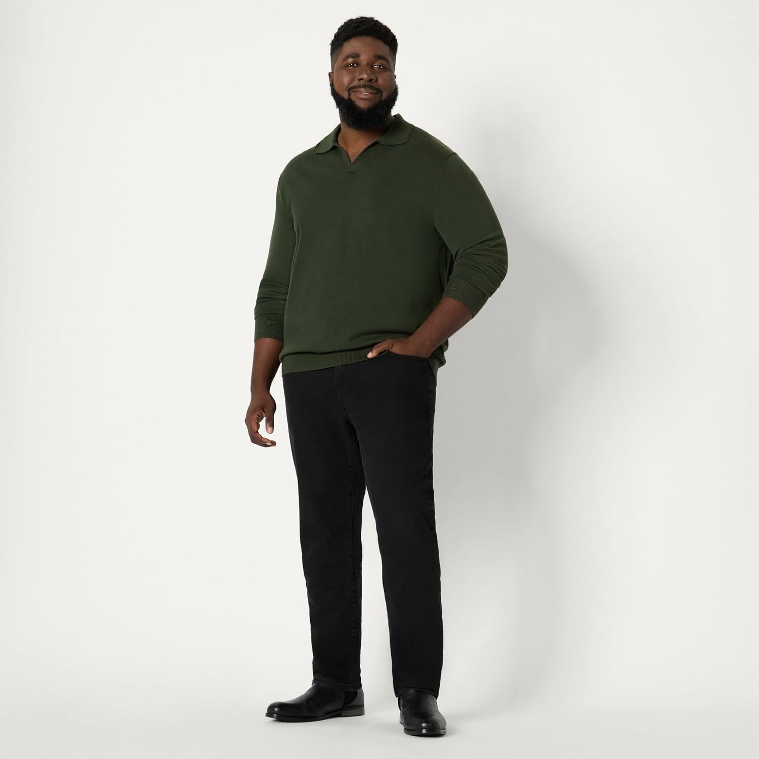 image:imageAmazon Essentials Mens Long Sleeve RegularFit Knit Polo SweaterDark Olive
