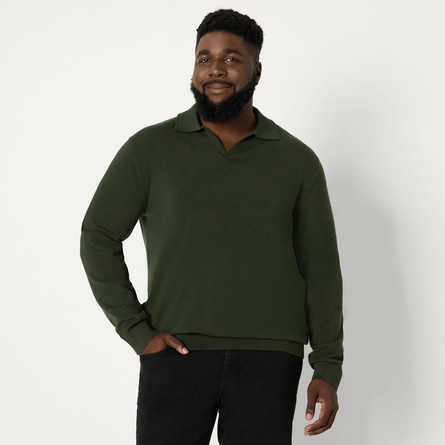 image:imageAmazon Essentials Mens Long Sleeve RegularFit Knit Polo SweaterDark Olive