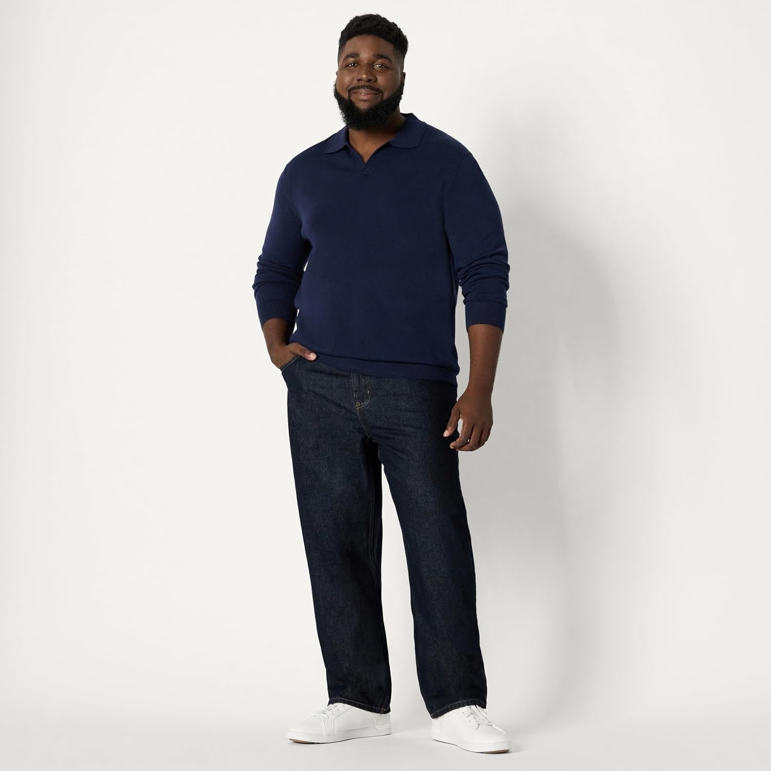 image:imageAmazon Essentials Mens Long Sleeve RegularFit Knit Polo SweaterNavy