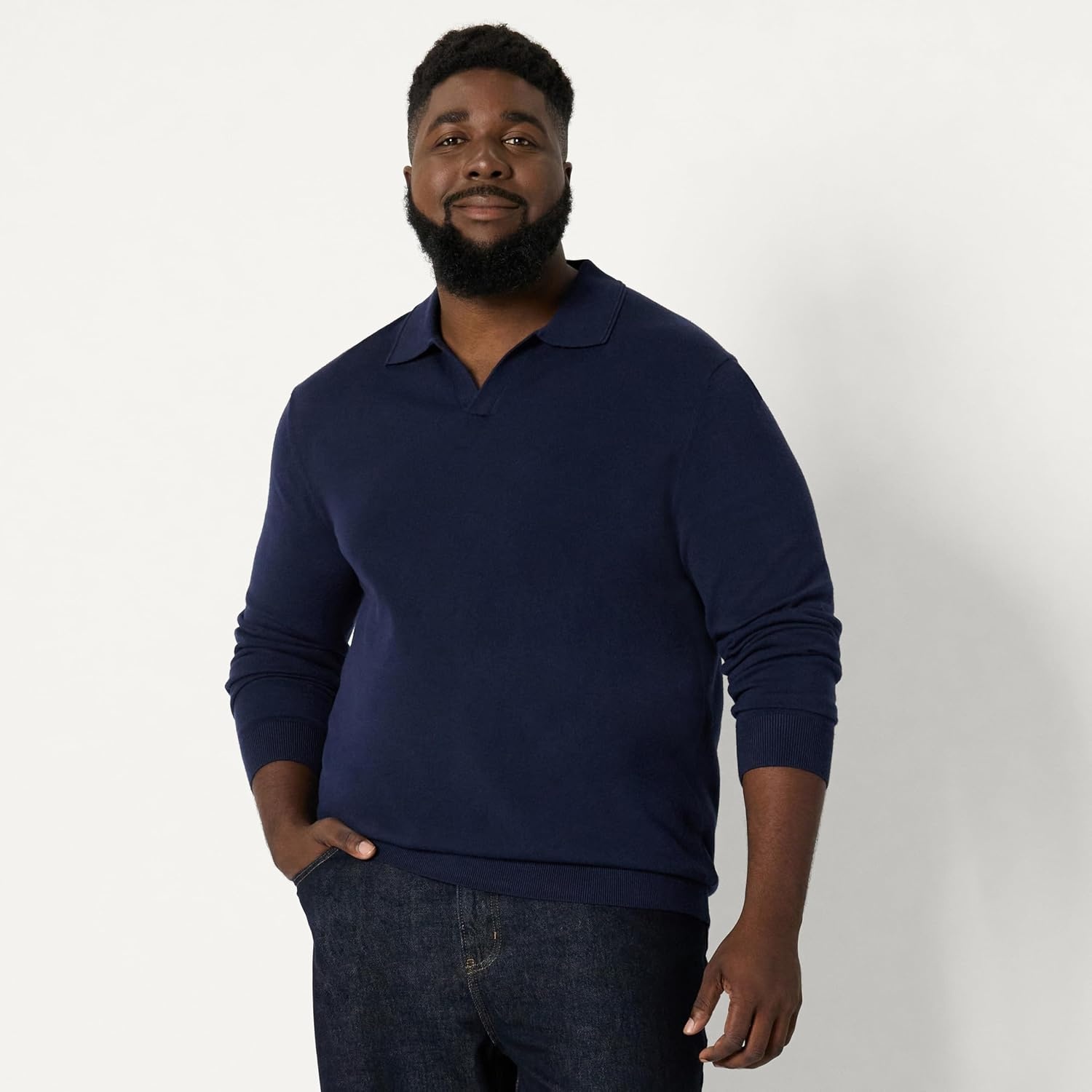 image:imageAmazon Essentials Mens Long Sleeve RegularFit Knit Polo SweaterNavy