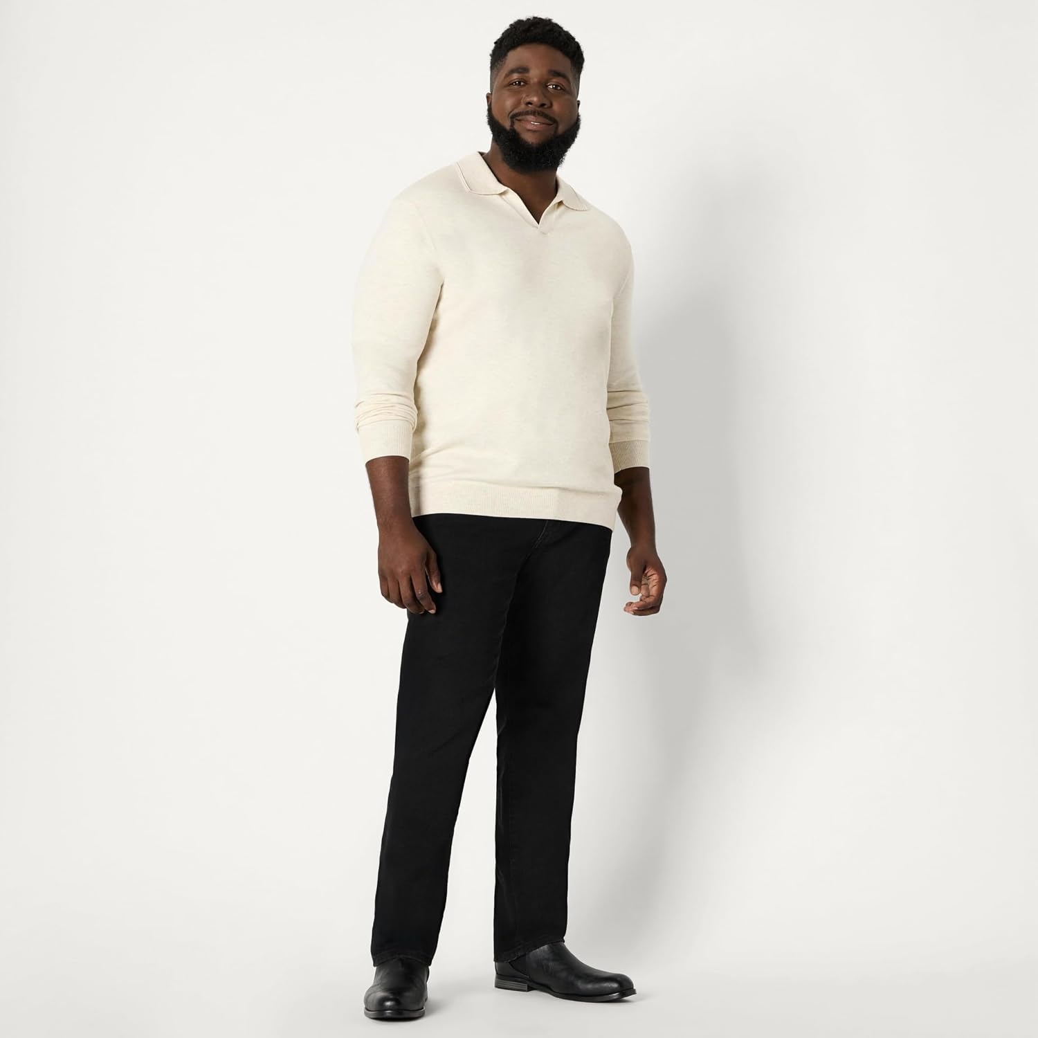 image:imageAmazon Essentials Mens Long Sleeve RegularFit Knit Polo SweaterSand Heather
