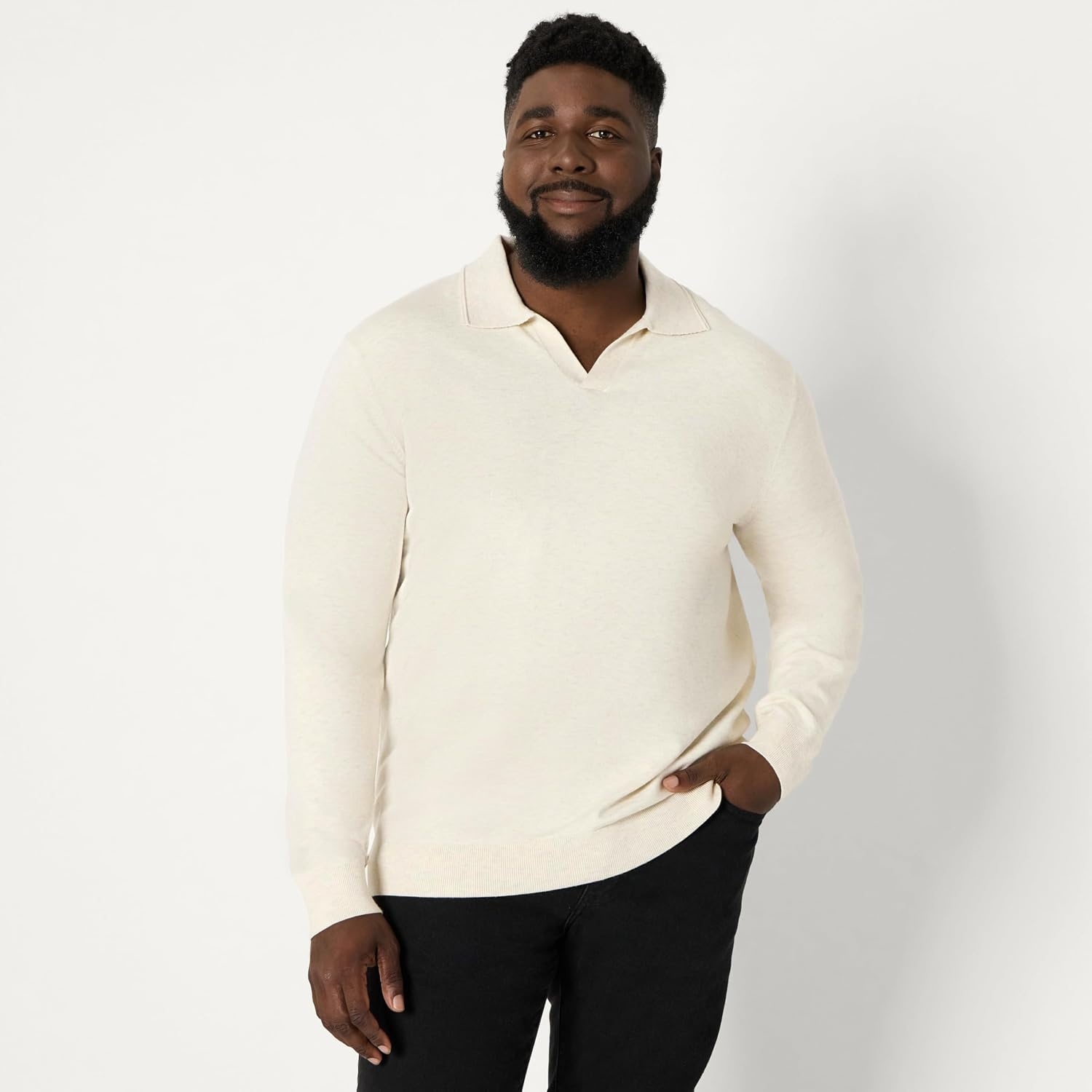 image:imageAmazon Essentials Mens Long Sleeve RegularFit Knit Polo SweaterSand Heather