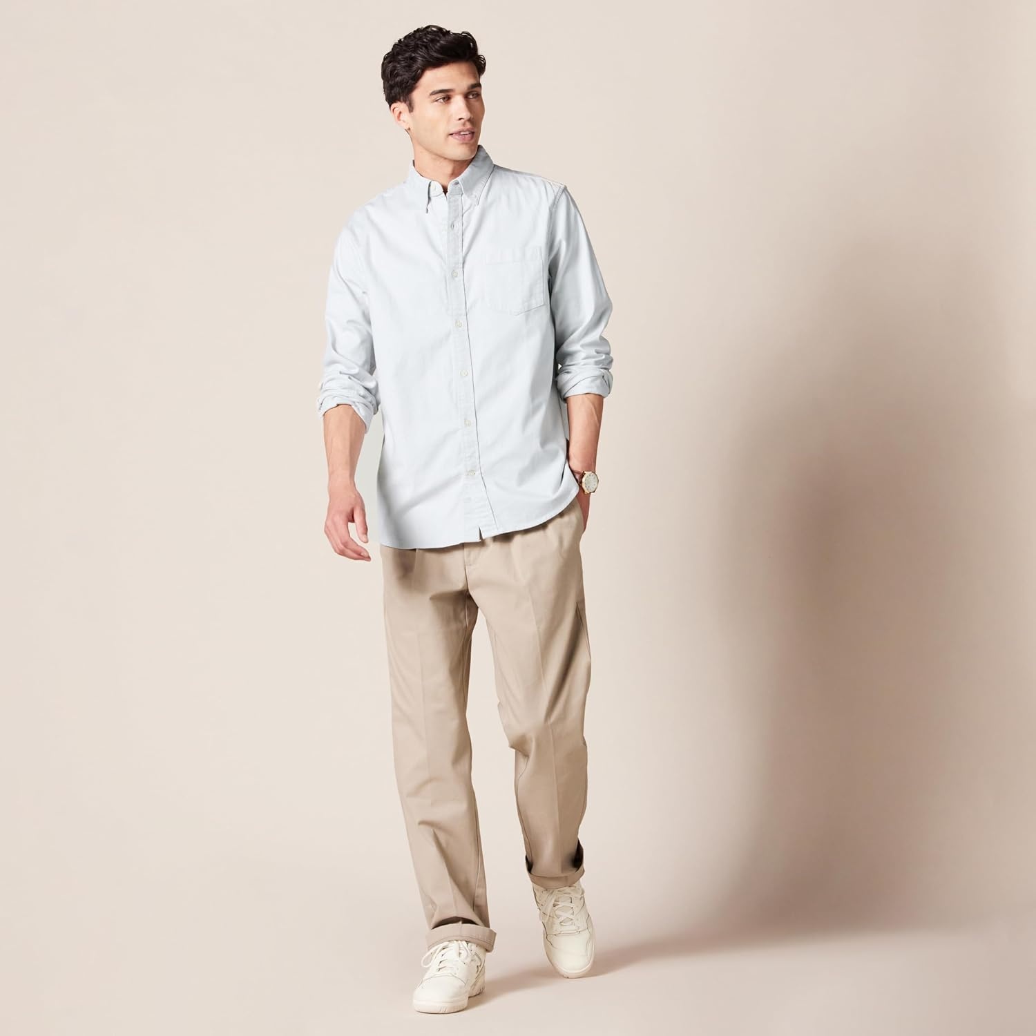 image:imageAmazon Essentials Mens Long Sleeve Shirt RegularFit Pocket Stretch Oxford Available in Big amp TallLight Grey