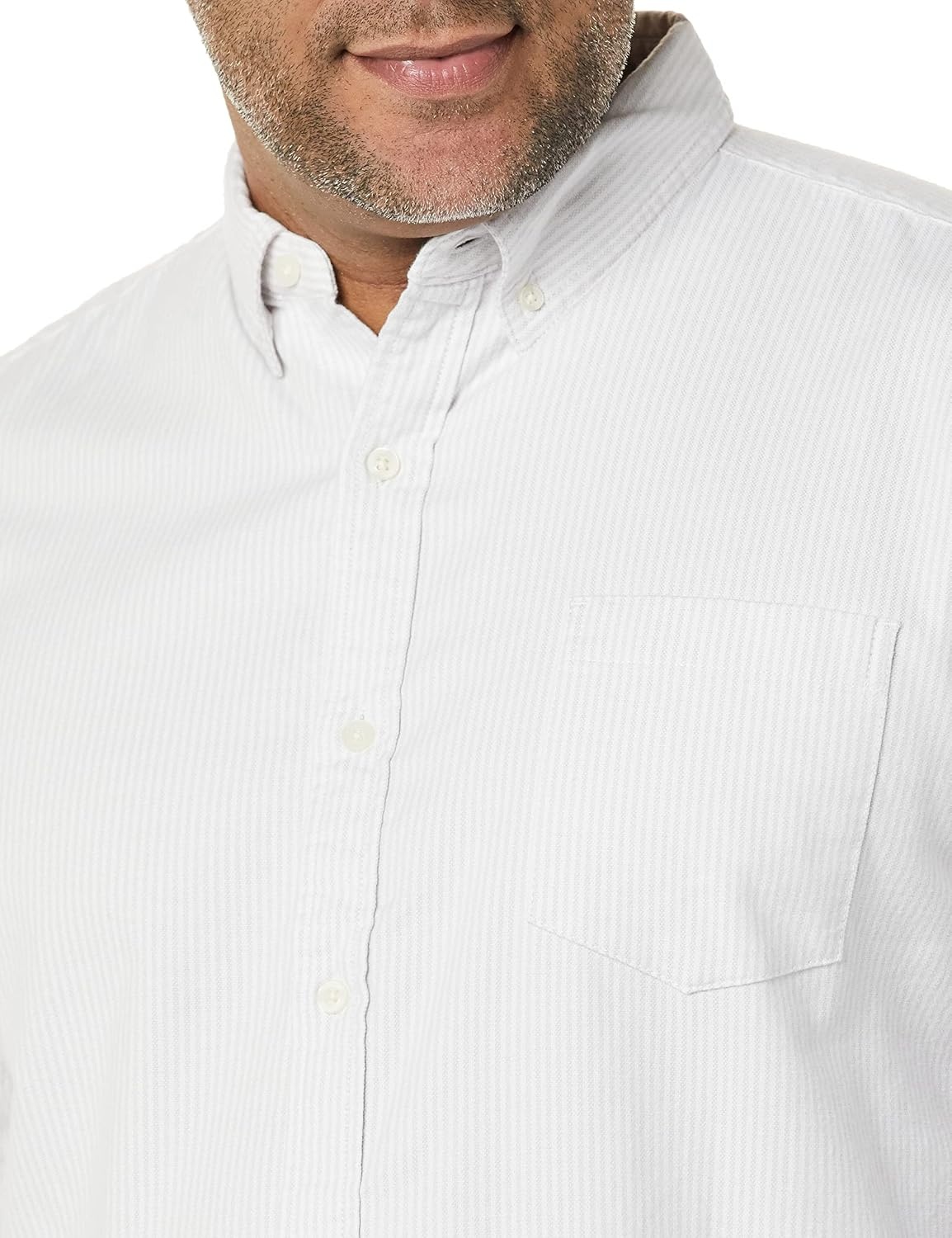 image:imageAmazon Essentials Mens Long Sleeve Shirt RegularFit Pocket Stretch Oxford Available in Big amp TallLight Grey Vertical Stripe