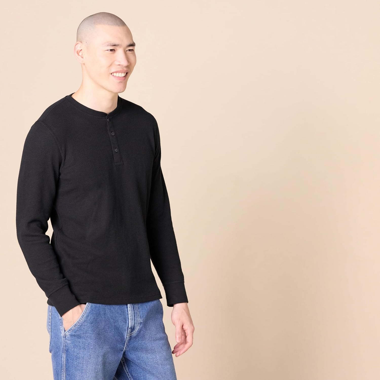 image:imageAmazon Essentials Mens Long Sleeve Waffle Henley ShirtBlack