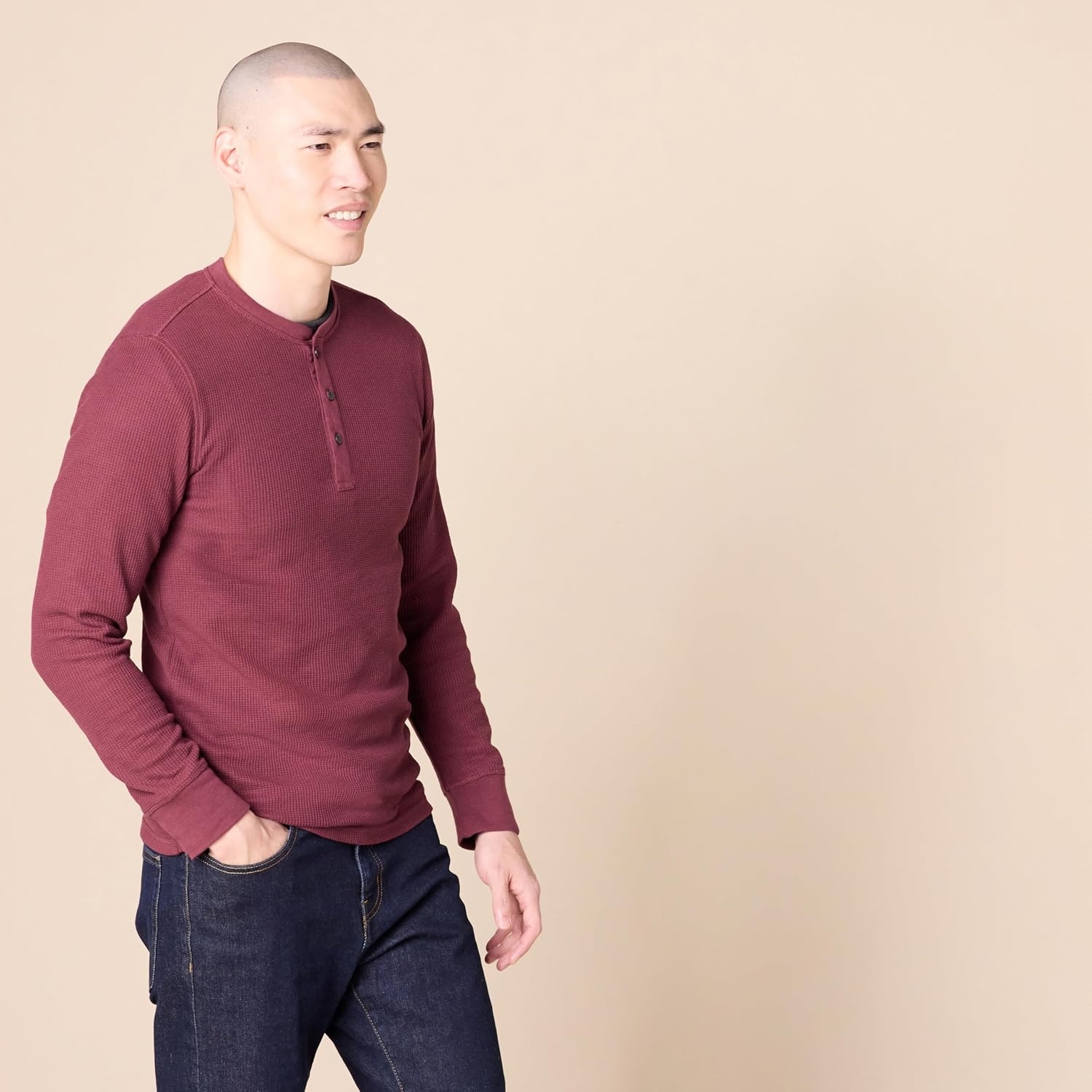 image:imageAmazon Essentials Mens Long Sleeve Waffle Henley ShirtBurgundy