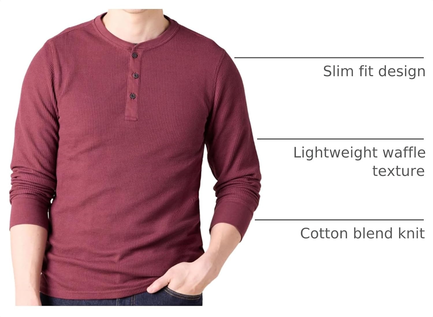 image:imageAmazon Essentials Mens Long Sleeve Waffle Henley ShirtBurgundy