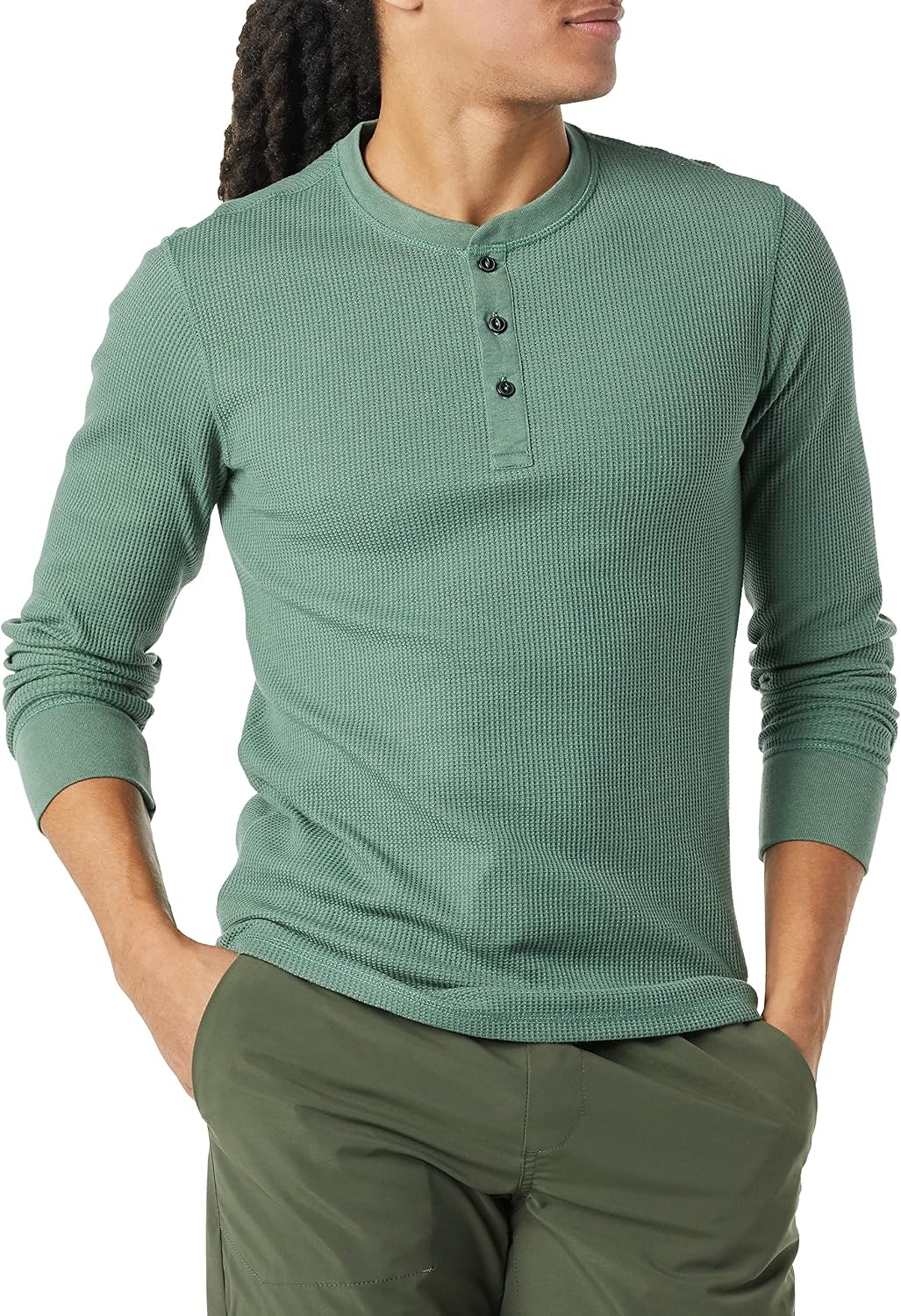 image:imageAmazon Essentials Mens Long Sleeve Waffle Henley ShirtGreen