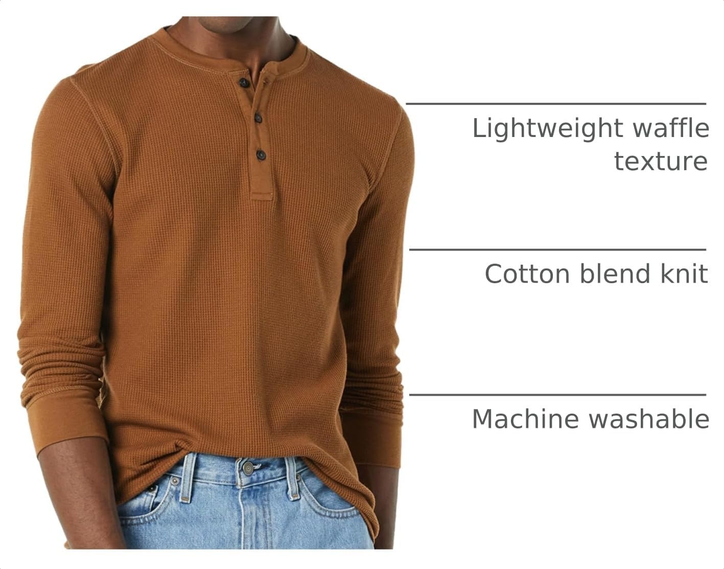 image:imageAmazon Essentials Mens Long Sleeve Waffle Henley ShirtLight Brown