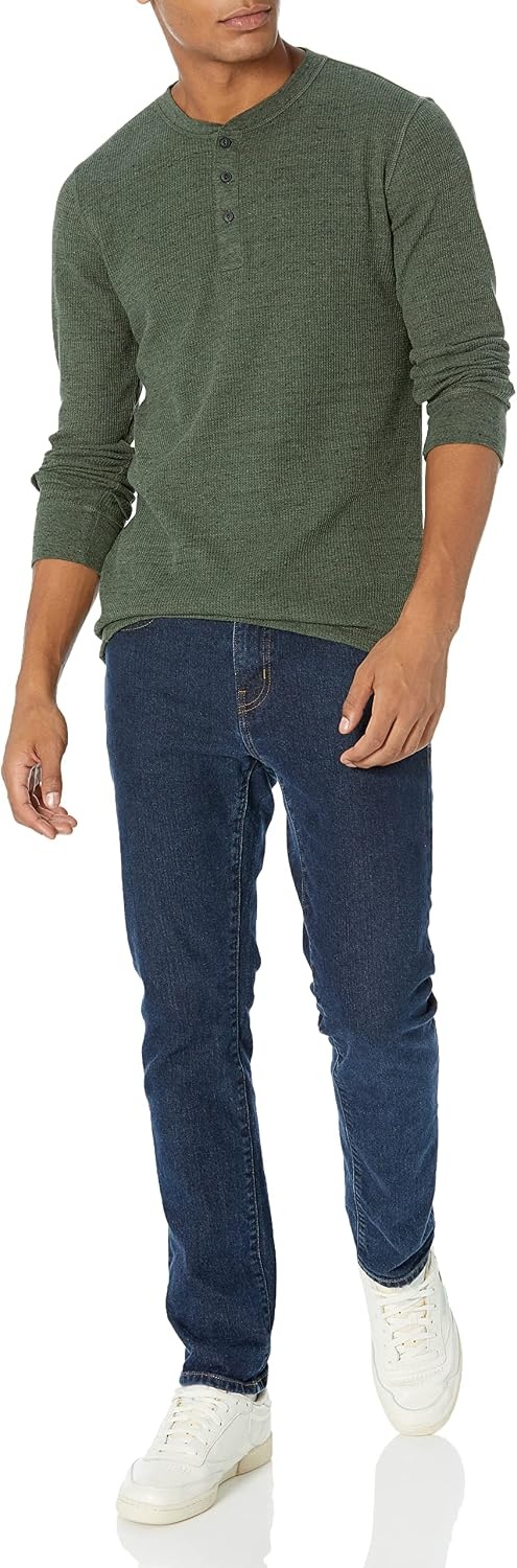 image:imageAmazon Essentials Mens Long Sleeve Waffle Henley ShirtOlive Heather