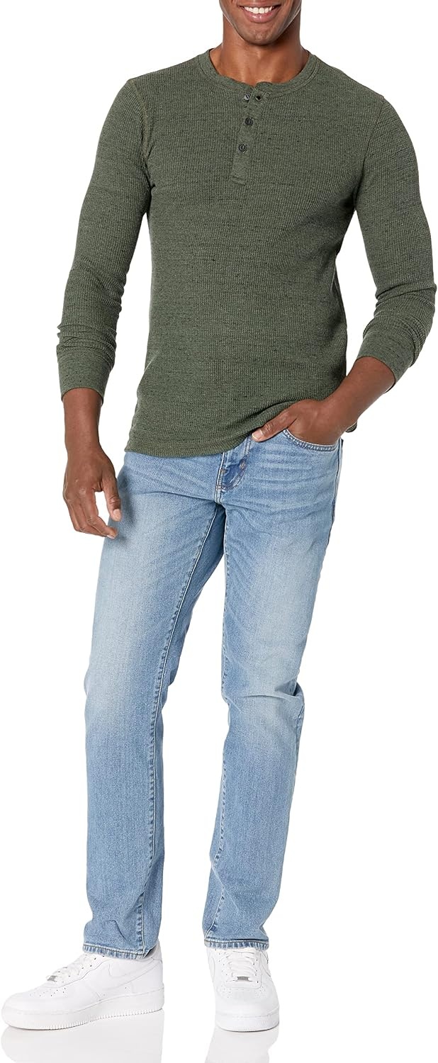 image:imageAmazon Essentials Mens Long Sleeve Waffle Henley ShirtOlive Heather
