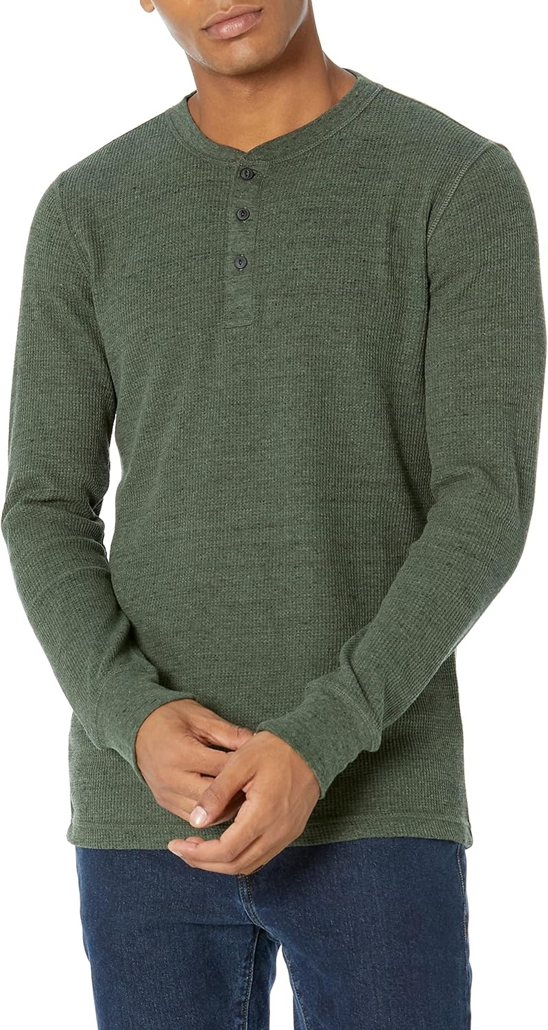 image:imageAmazon Essentials Mens Long Sleeve Waffle Henley ShirtOlive Heather