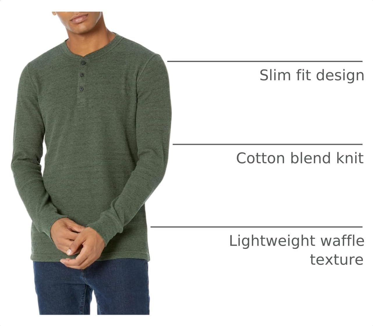 image:imageAmazon Essentials Mens Long Sleeve Waffle Henley ShirtOlive Heather