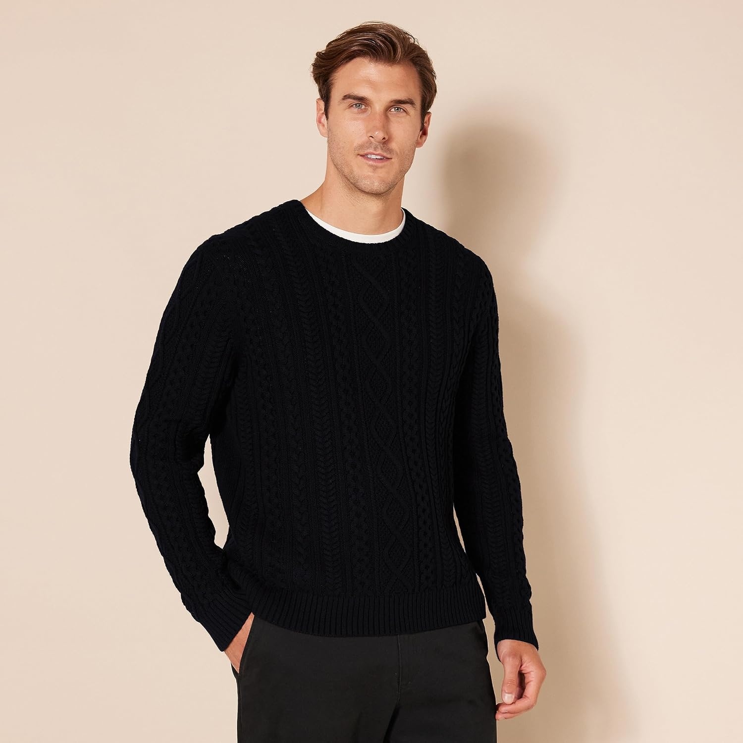 image:imageAmazon Essentials Mens LongSleeve 100 Cotton Fisherman Cable Crewneck SweaterBlack