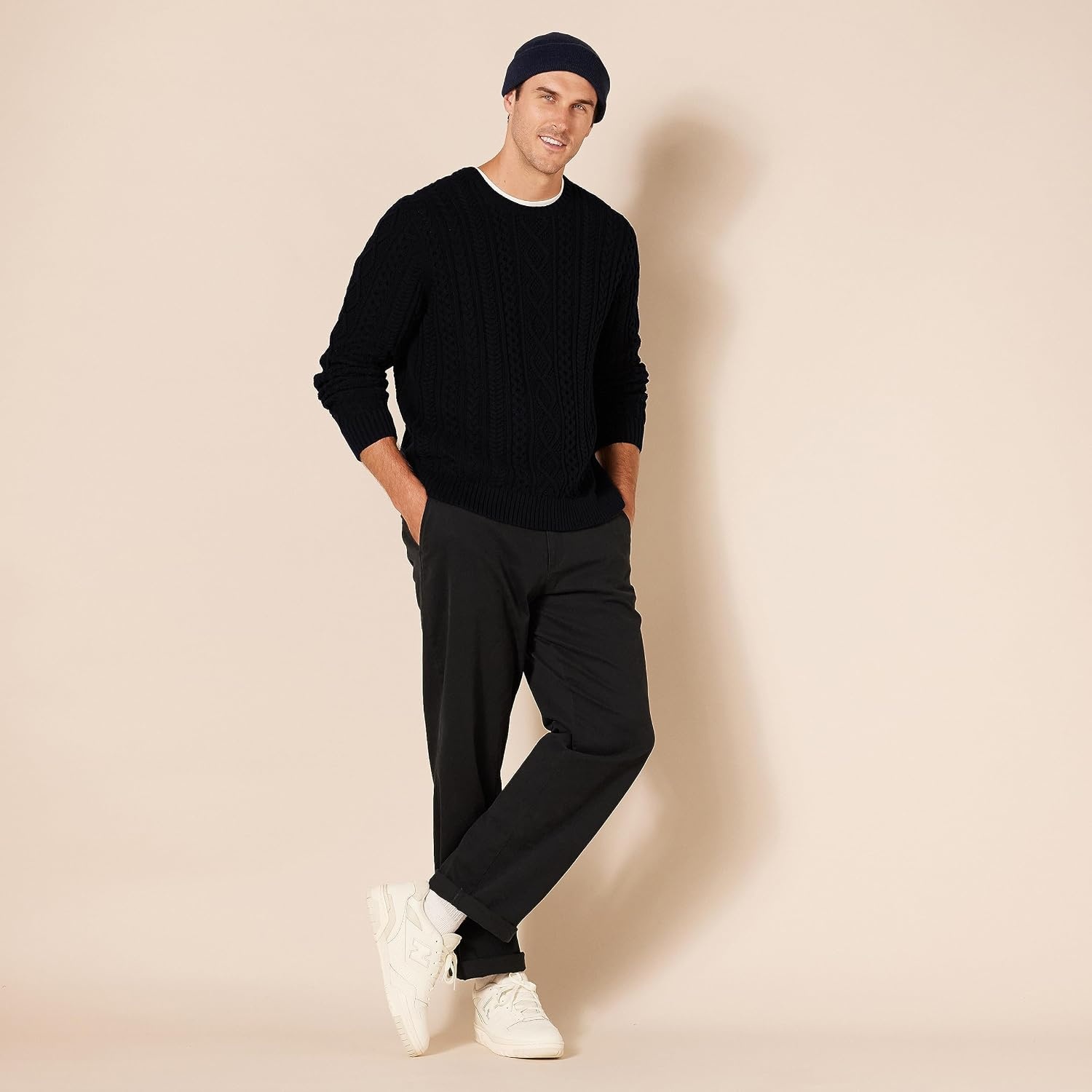 image:imageAmazon Essentials Mens LongSleeve 100 Cotton Fisherman Cable Crewneck SweaterBlack