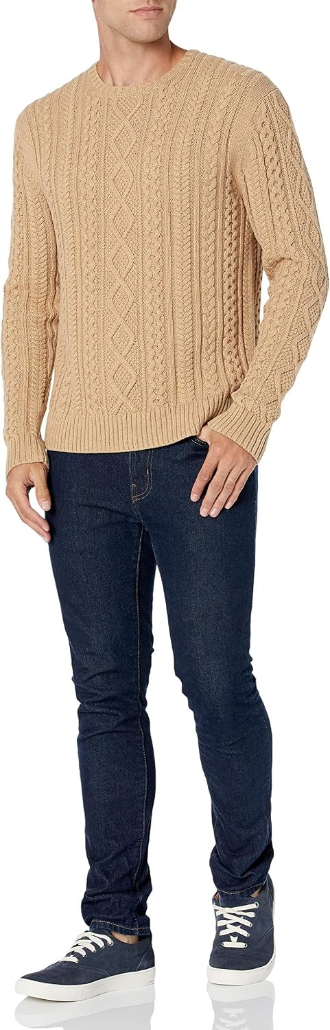 image:imageAmazon Essentials Mens LongSleeve 100 Cotton Fisherman Cable Crewneck SweaterCamel