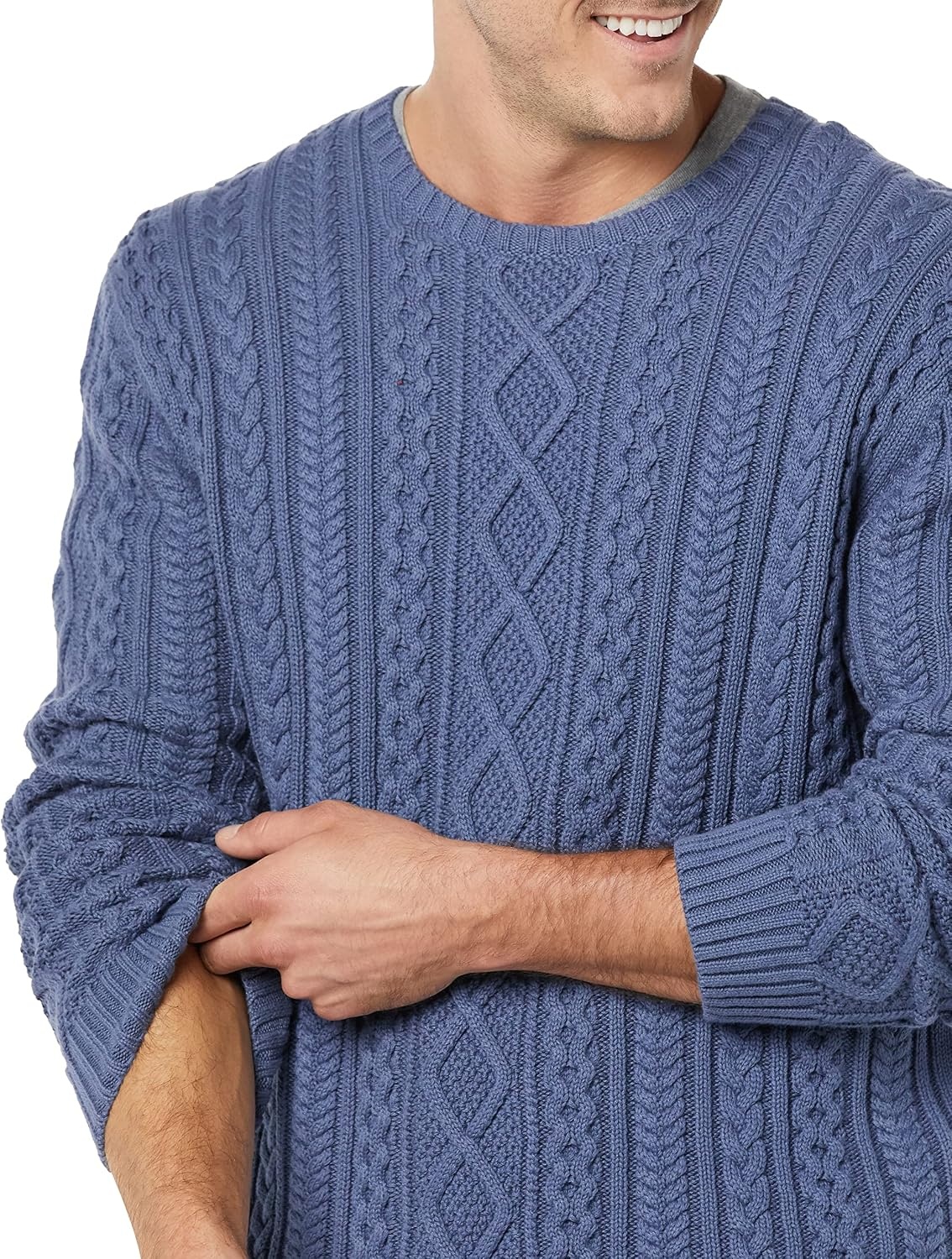 image:imageAmazon Essentials Mens LongSleeve 100 Cotton Fisherman Cable Crewneck SweaterDark Blue