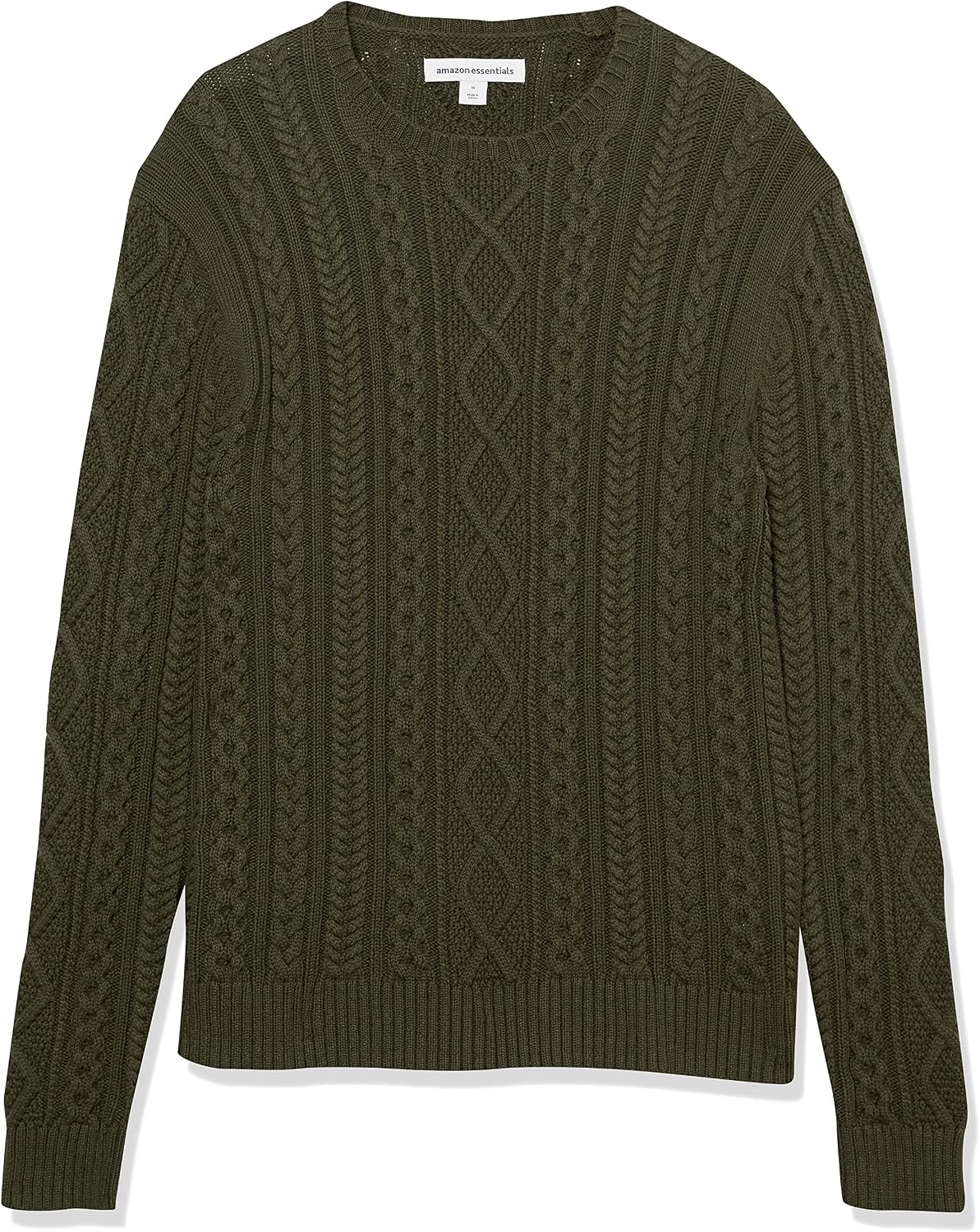 image:imageAmazon Essentials Mens LongSleeve 100 Cotton Fisherman Cable Crewneck SweaterDark Olive